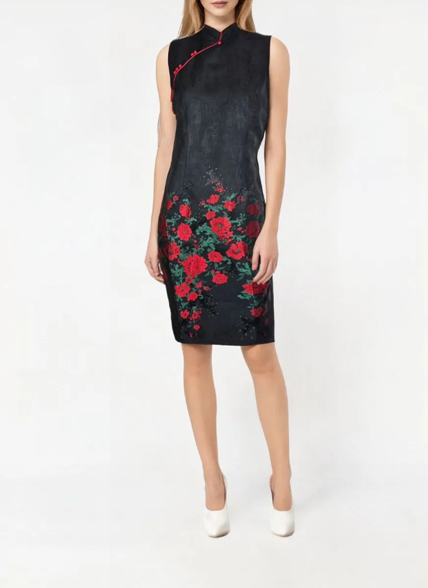 1240052 Floral Embroidery Cheongsam *Black