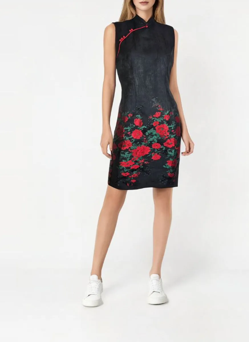 1240052 Floral Embroidery Cheongsam *Black