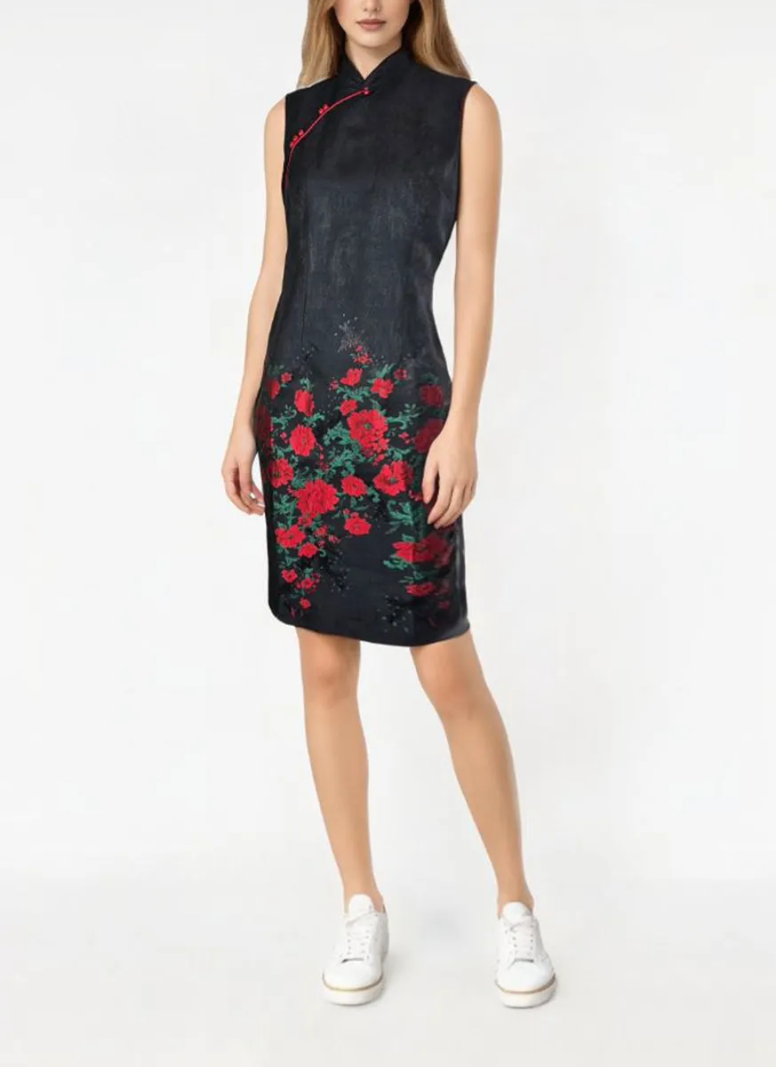 1240052 Floral Embroidery Cheongsam *Black