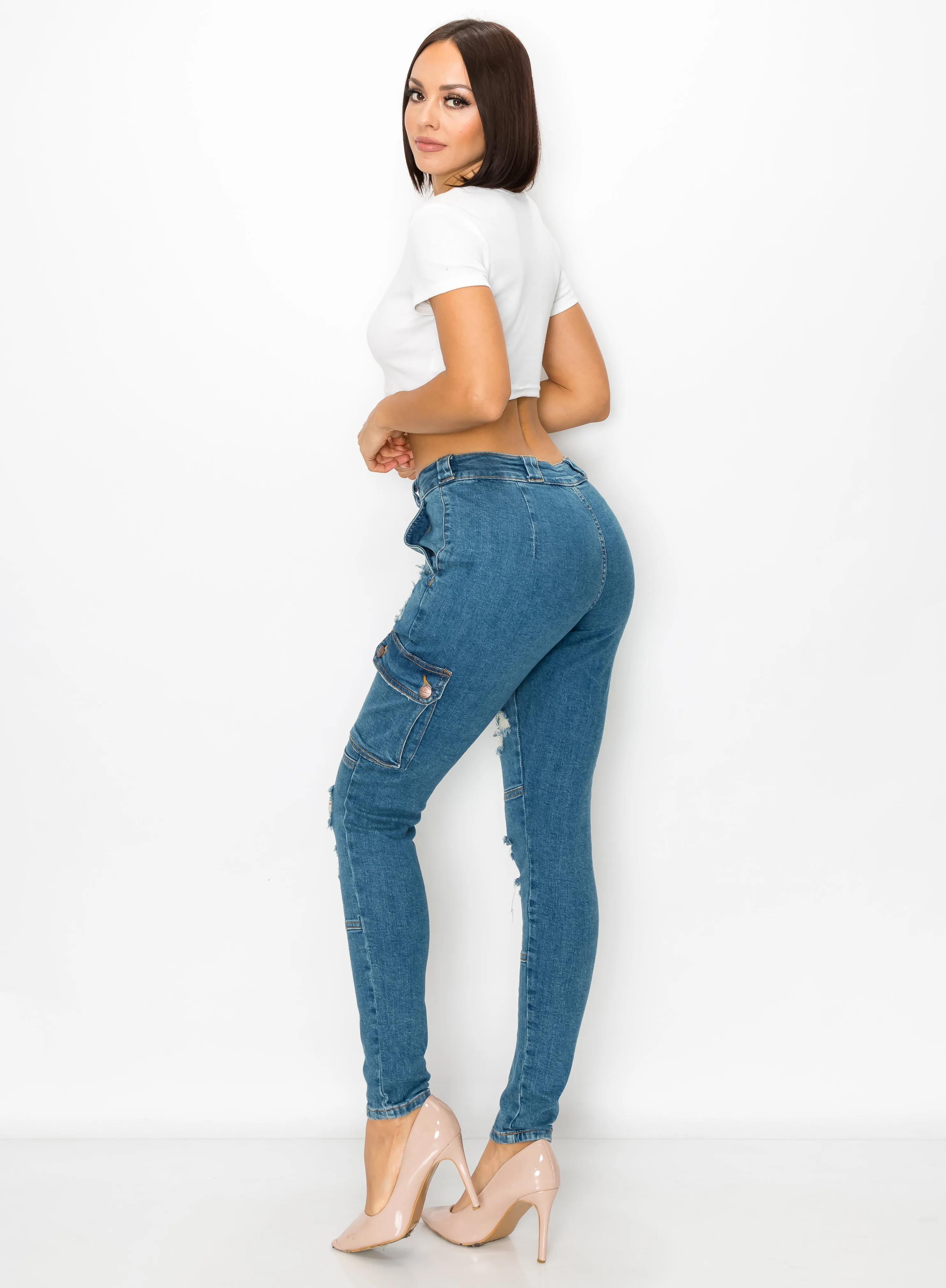 4548 Women's Skinny Cargo Jeans with Front Panel Destruction