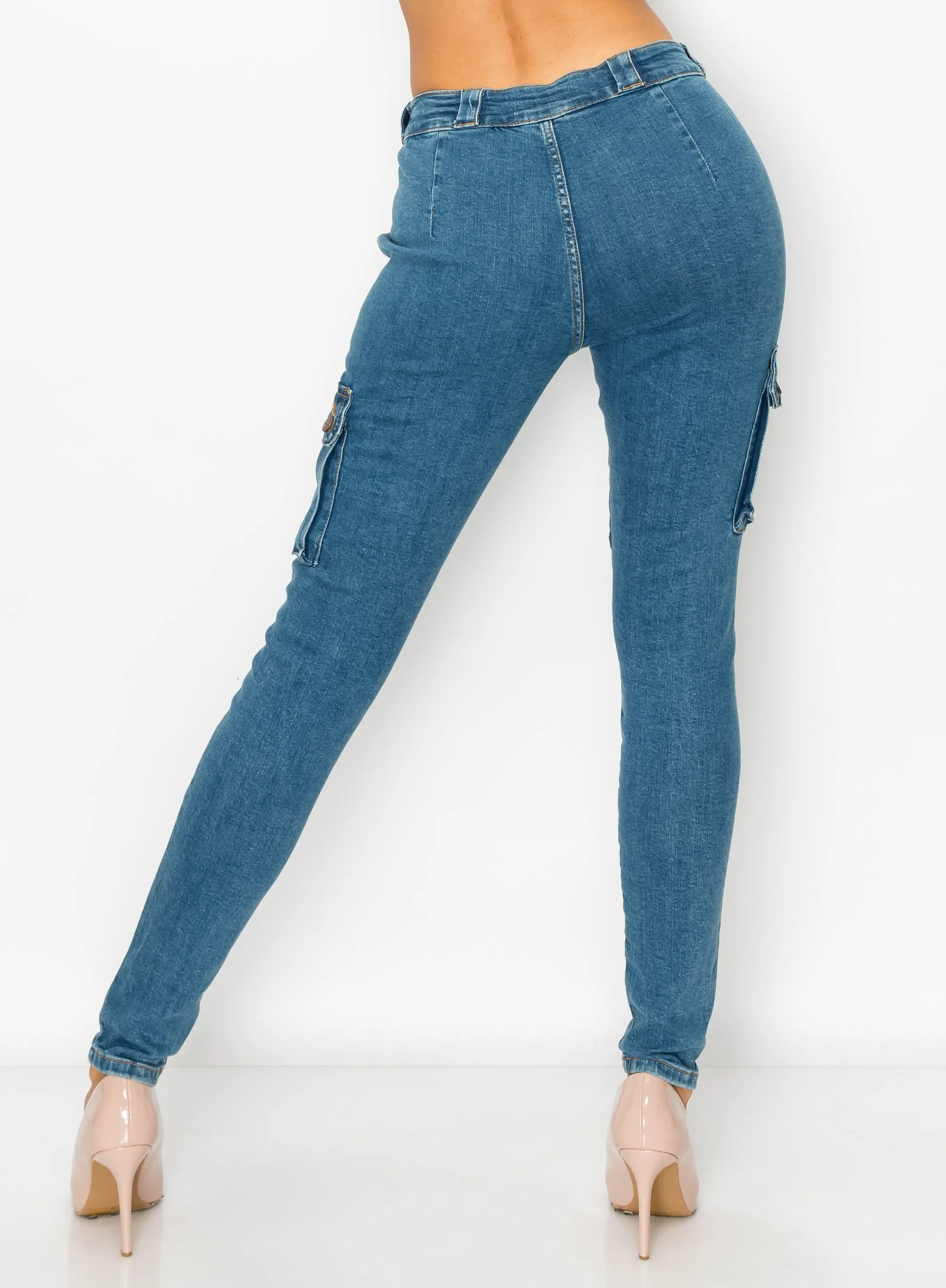 4548 Women's Skinny Cargo Jeans with Front Panel Destruction