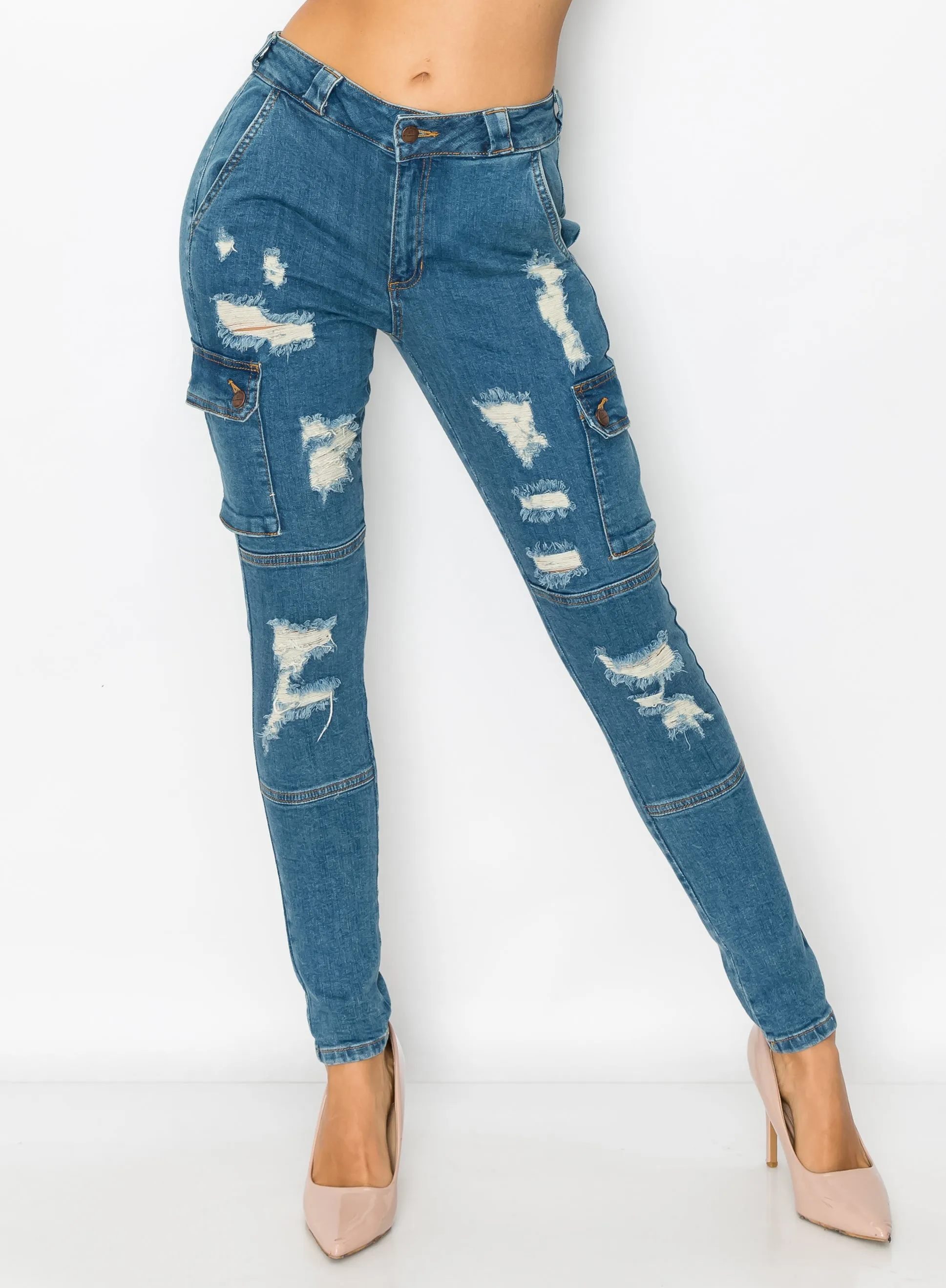 4548 Women's Skinny Cargo Jeans with Front Panel Destruction