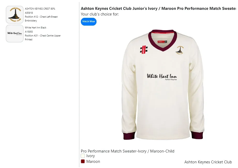 Ashton Keynes Cricket Club Junior's Ivory / Maroon Pro Performance Match Sweater