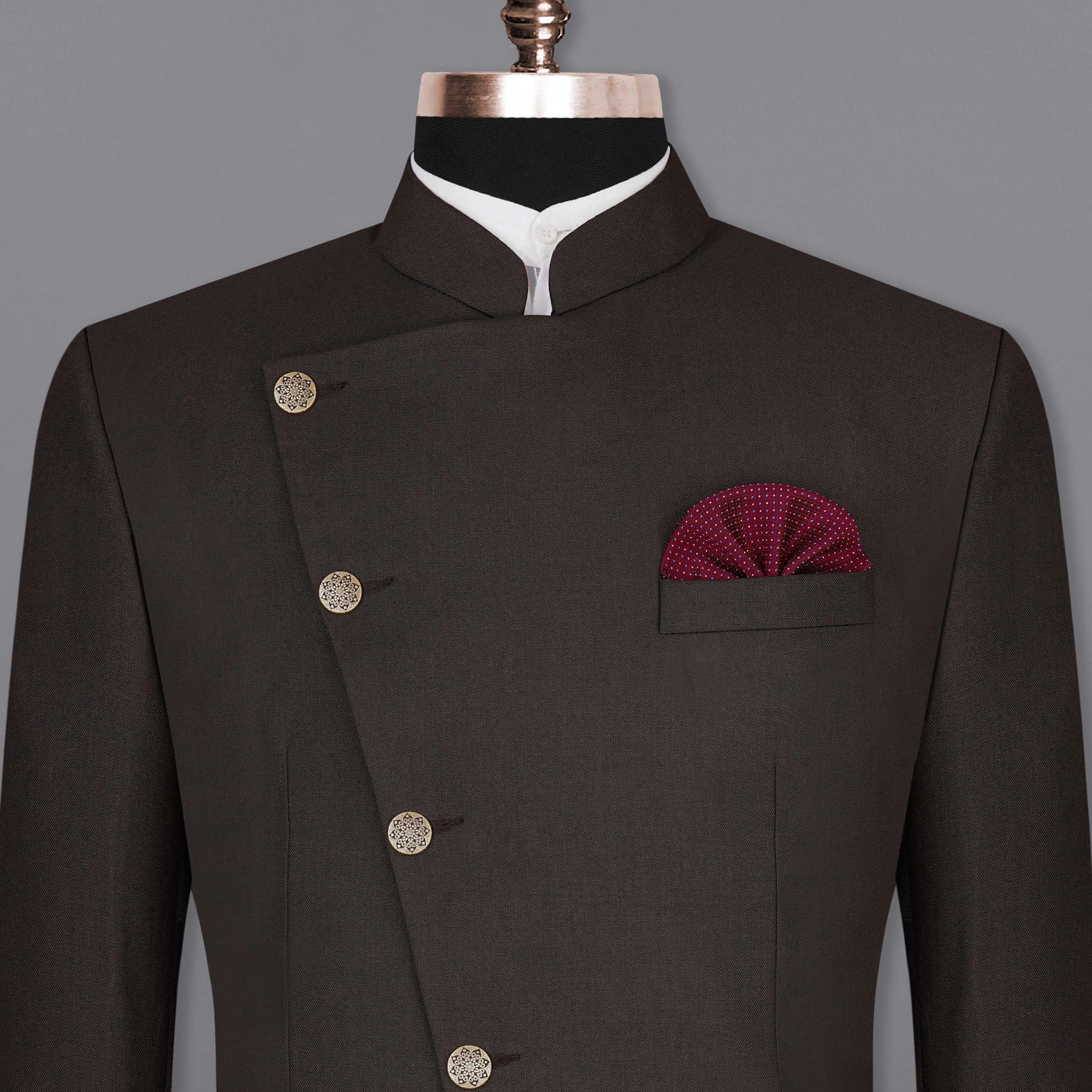 Baltic Sea Brown Cross Placket Bandhgala Blazer