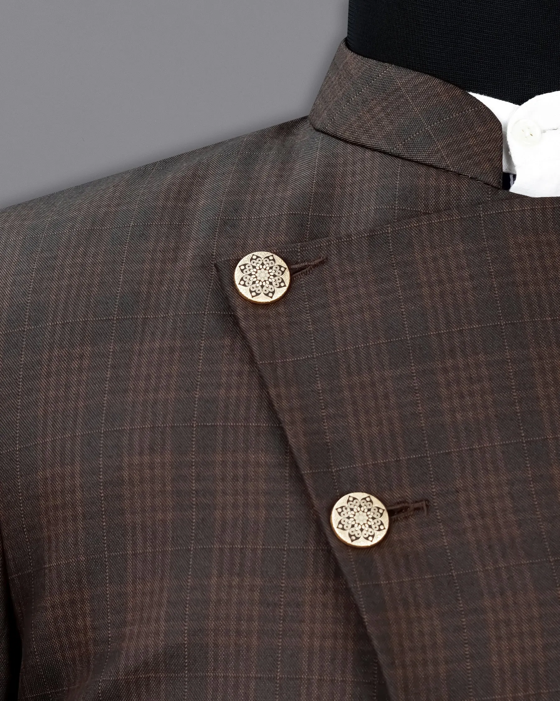 Birch Brown Plaid Cross Placket Bandhgala Blazer