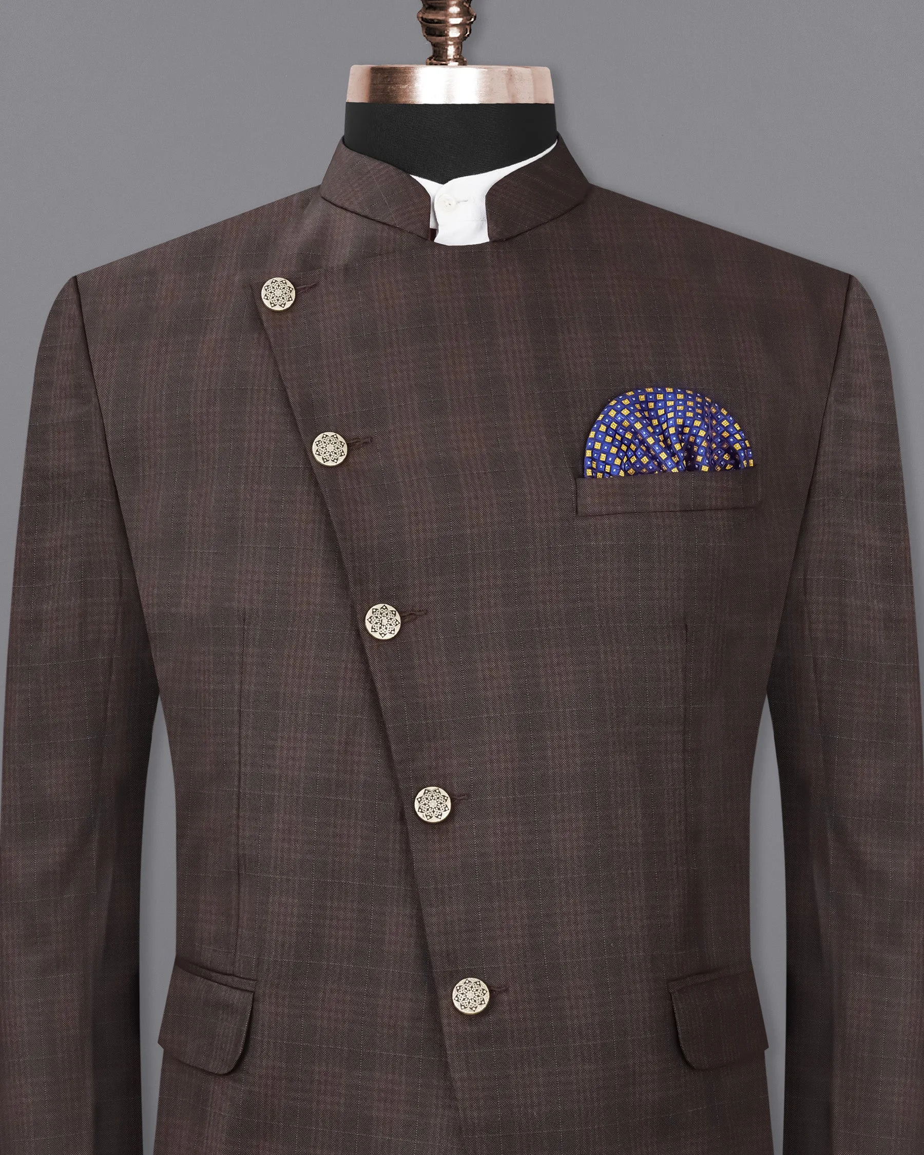 Birch Brown Plaid Cross Placket Bandhgala Blazer