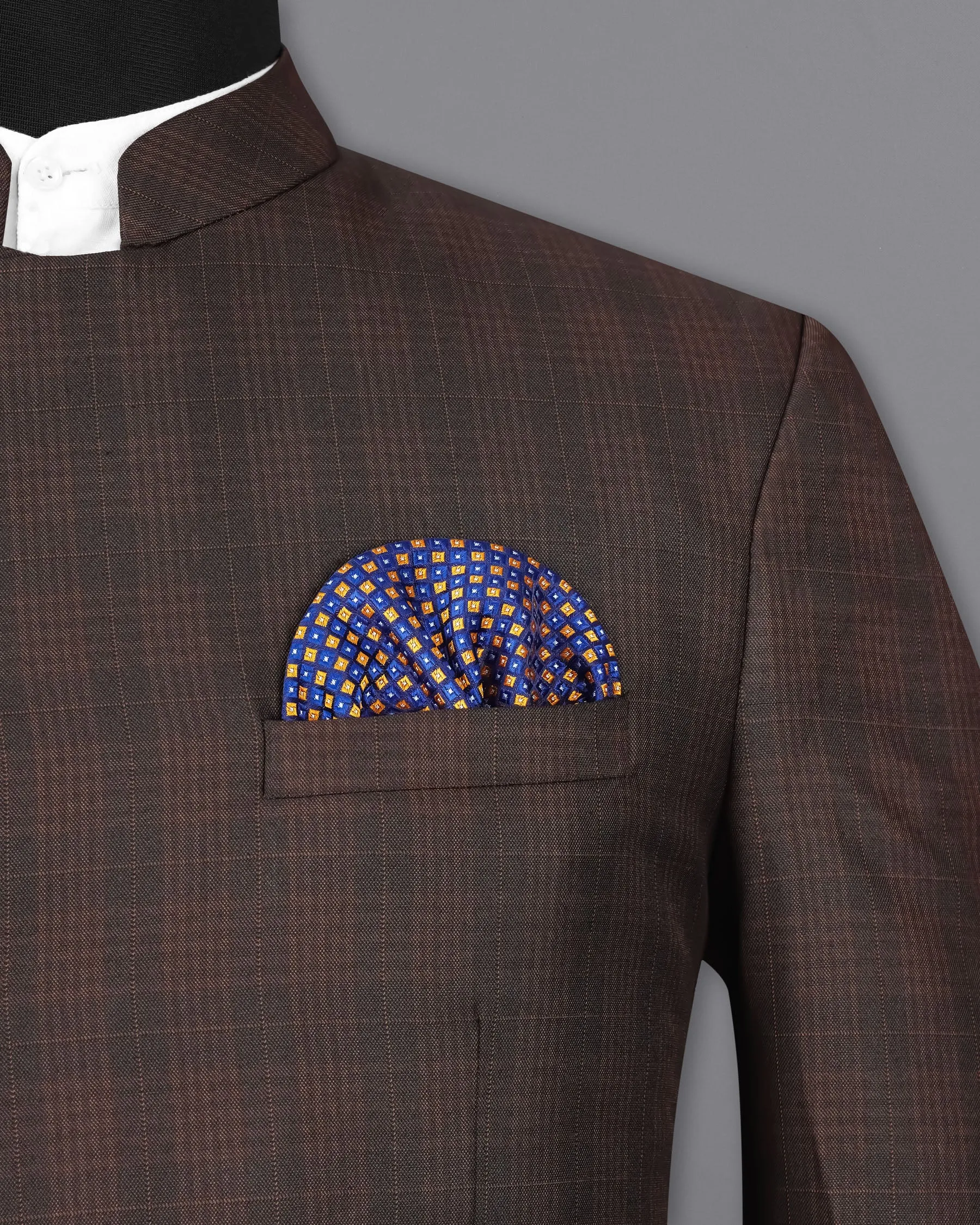 Birch Brown Plaid Cross Placket Bandhgala Blazer
