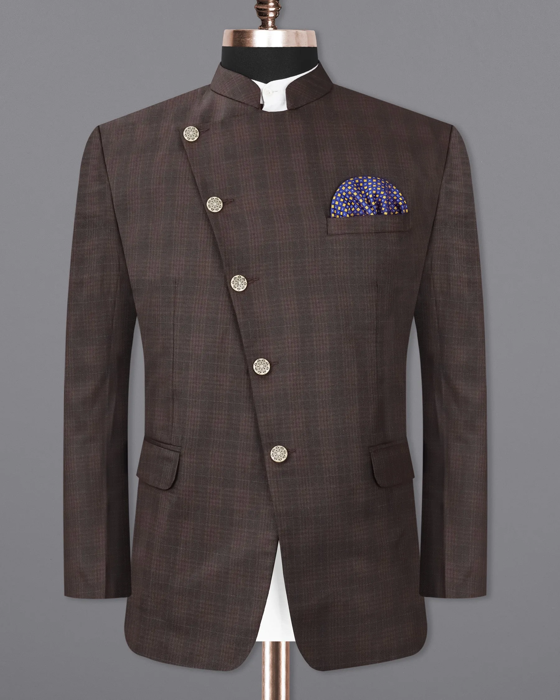 Birch Brown Plaid Cross Placket Bandhgala Blazer
