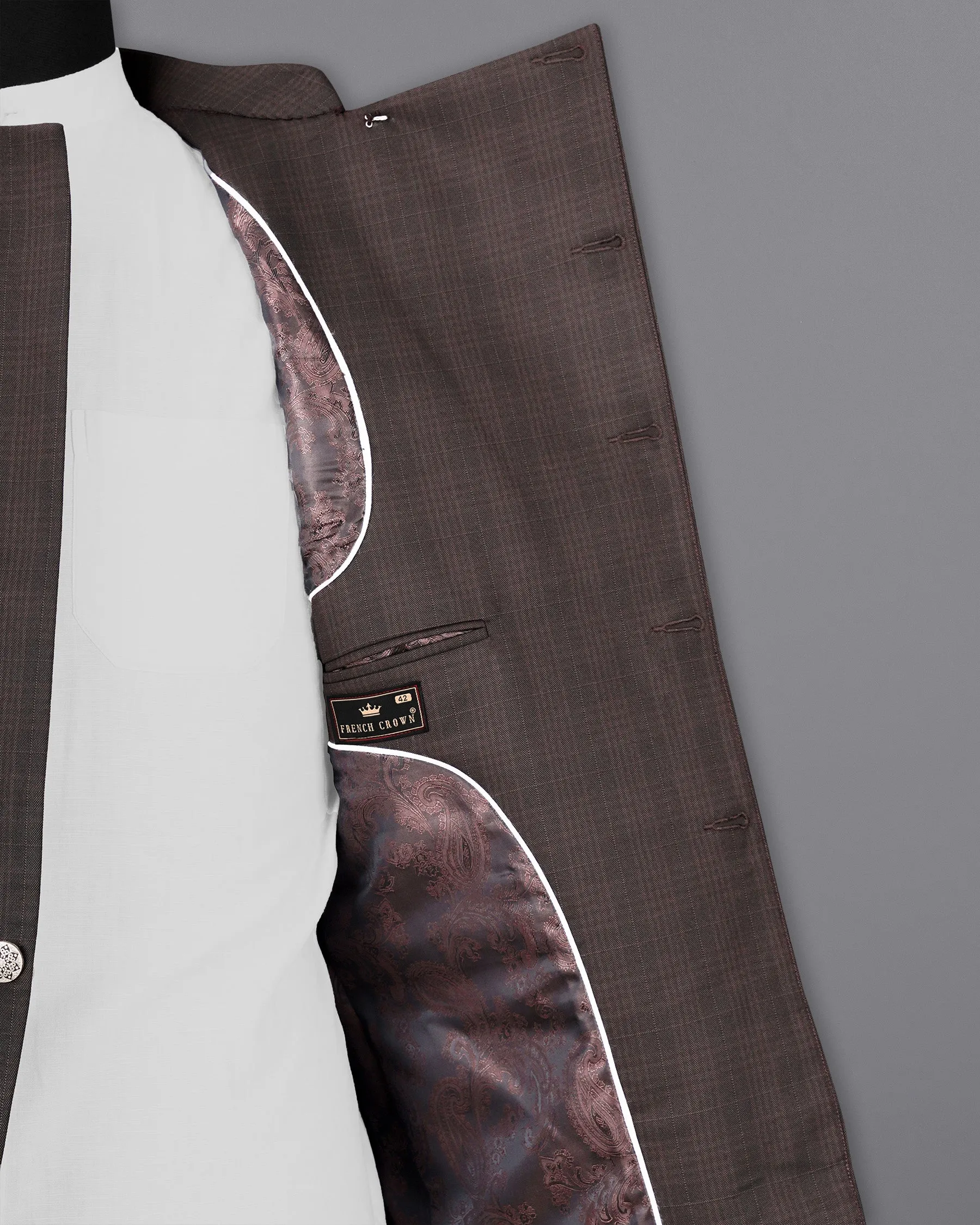 Birch Brown Plaid Cross Placket Bandhgala Blazer