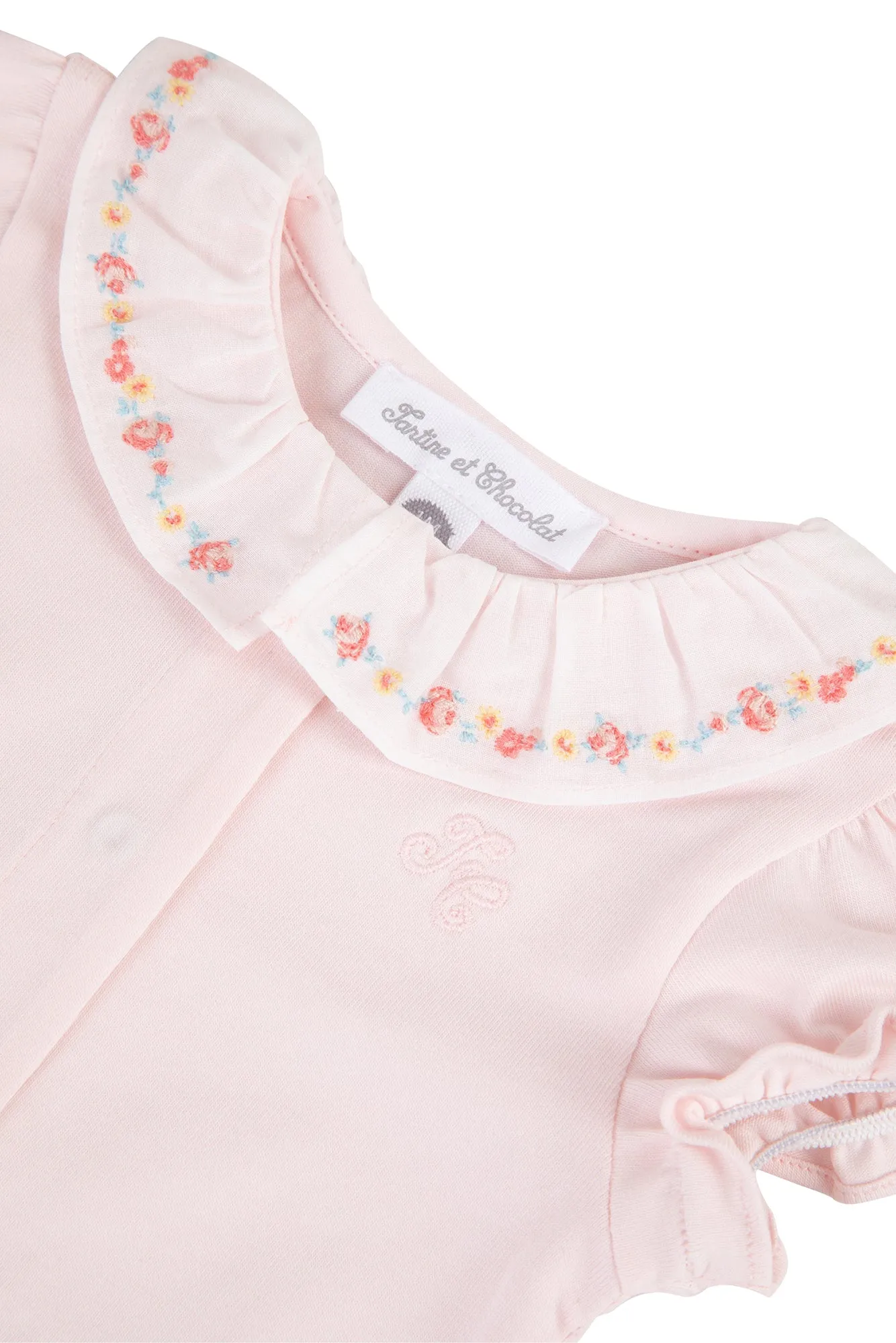 Bodysuit - Pink Ruffled Collar Embroidered