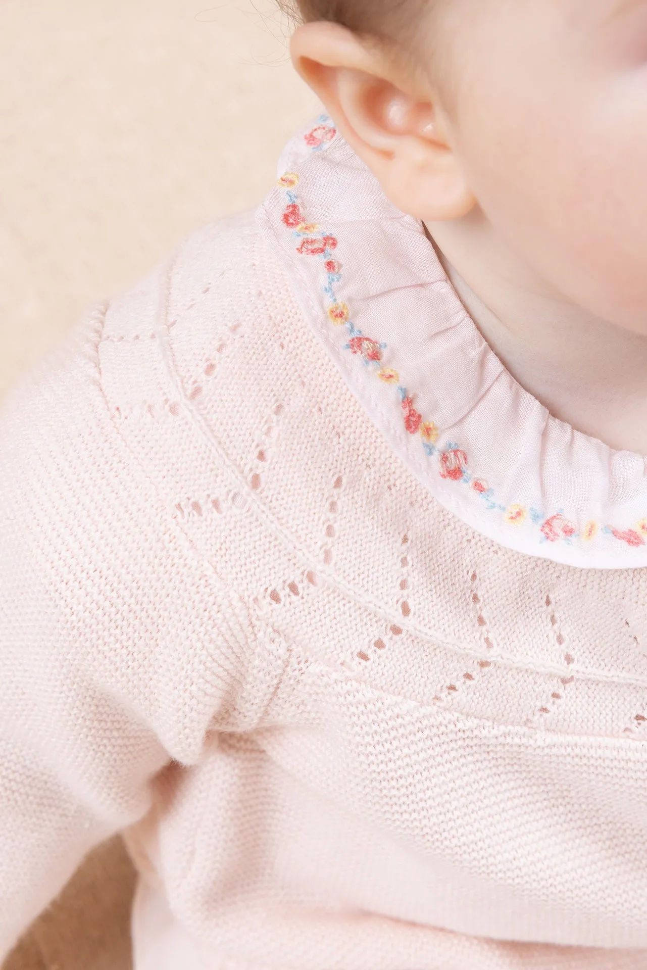 Bodysuit - Pink Ruffled Collar Embroidered