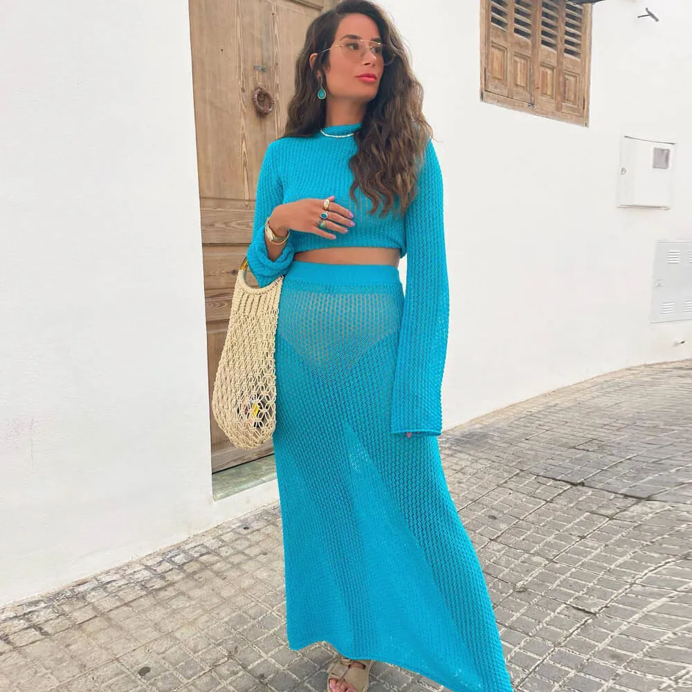 Boho Blue Pointelle Knit Long Sleeve Crop Top and Maxi Skirt Matching Set