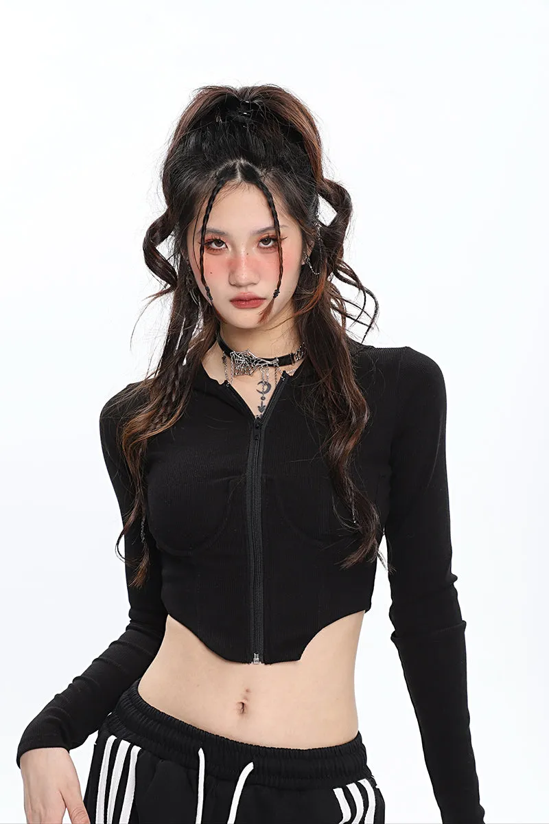 Britney Solid Color Long Sleeve Slim Underbust Corset Hooded Top