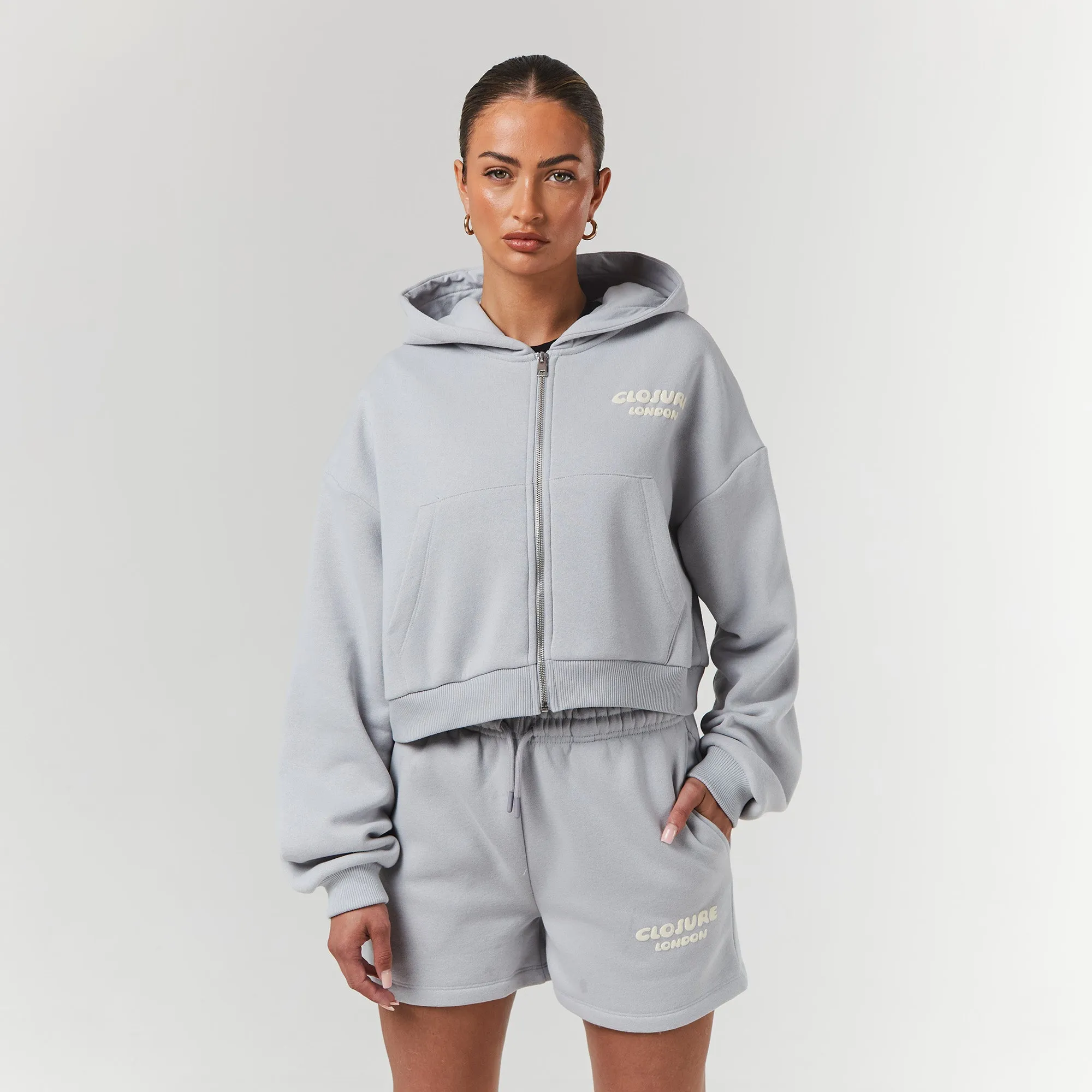 Bubble Logo Print FZ Hood Twinset | Ice Grey