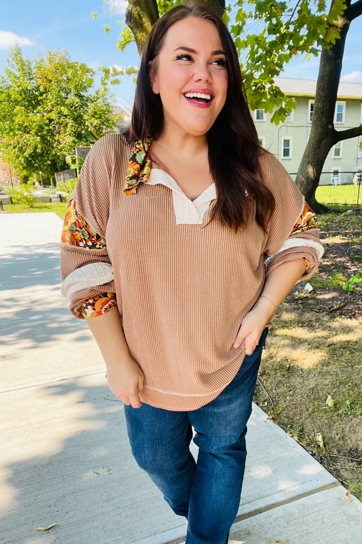 Charming Caramel Floral Print Colorblock Notch Neck Top (Open Pack)