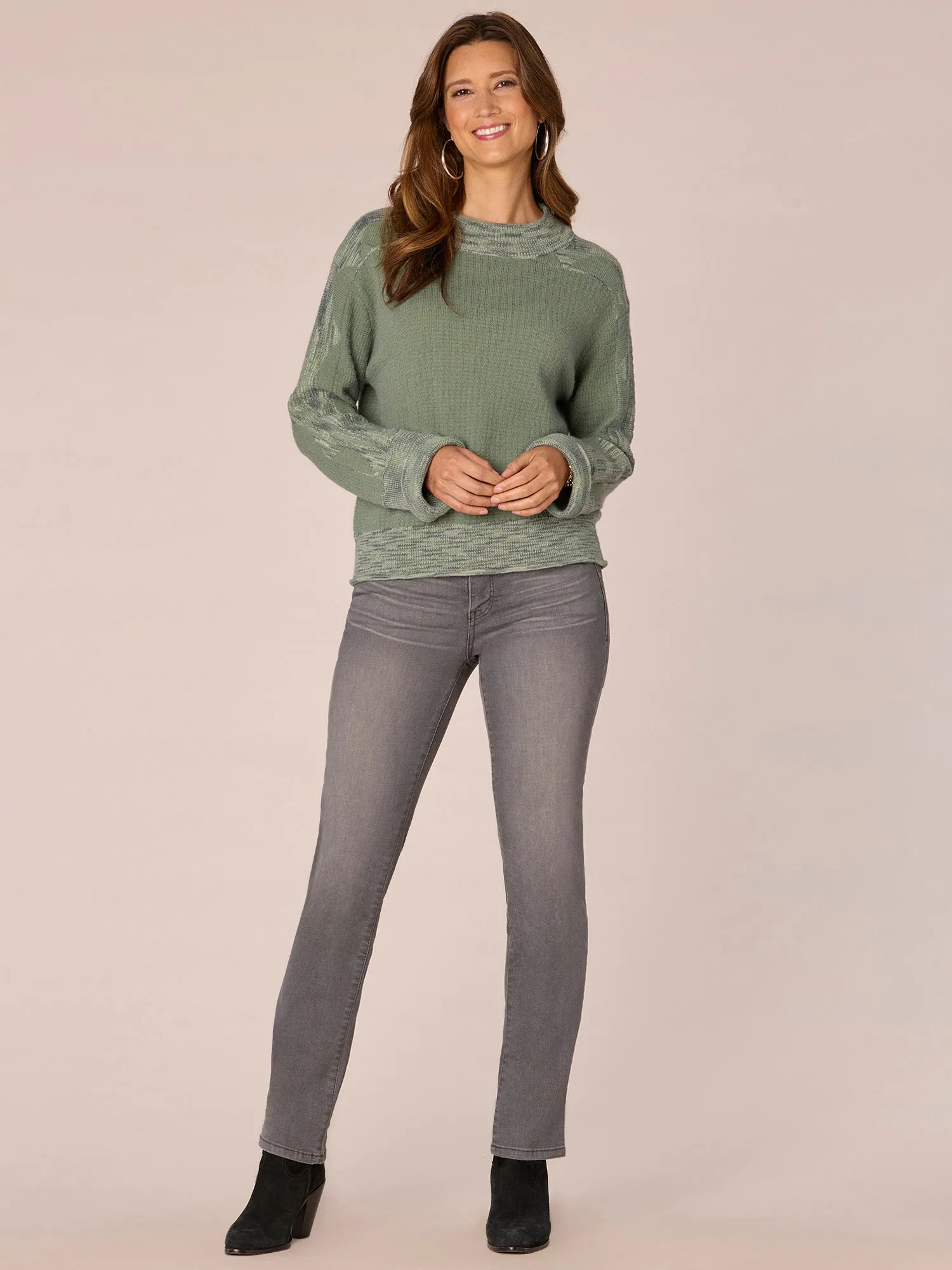 Cuffed Sleeve Mock Neck Space Dye Framing Petite Sweater