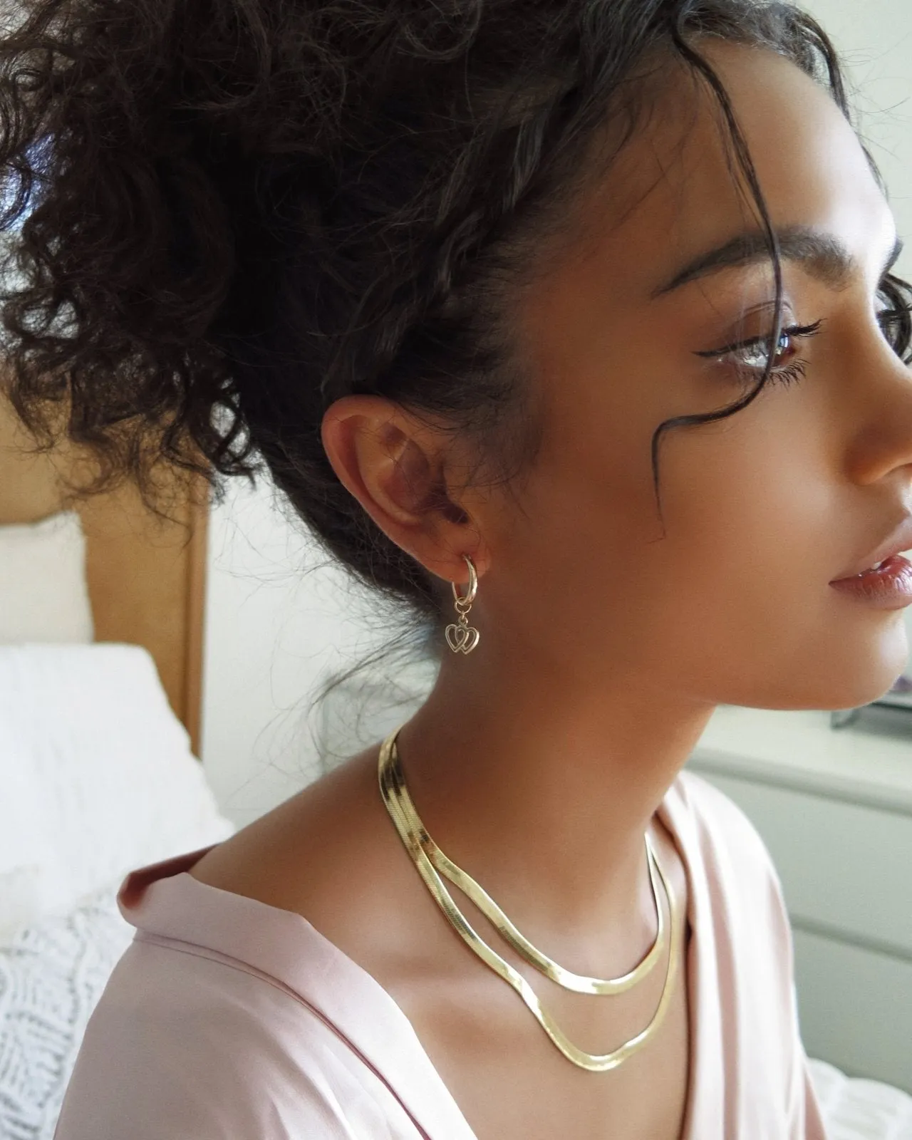 Double Heart Thick Hoop Earrings  - 14k Yellow Gold Fill