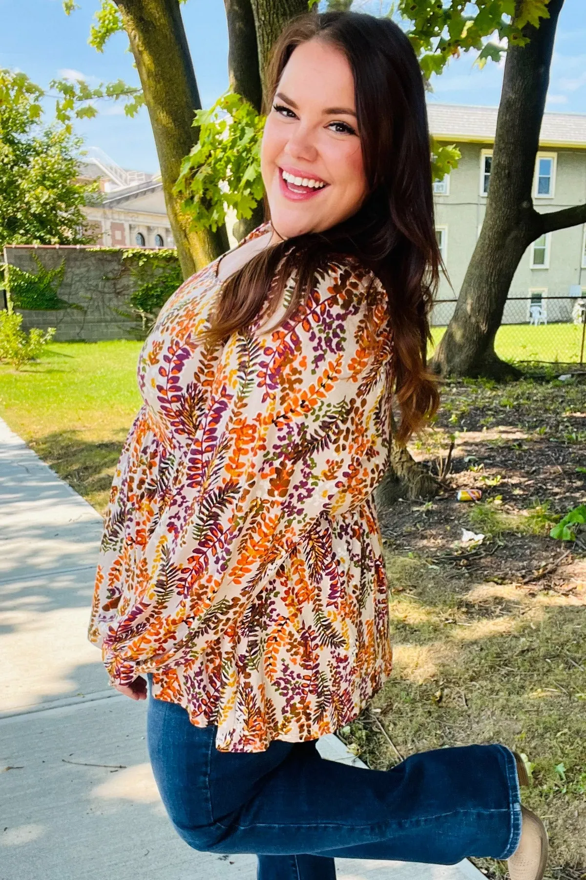 Fall in Love Taupe & Rust Floral Print Babydoll Bubble Sleeve Top (Open Pack)