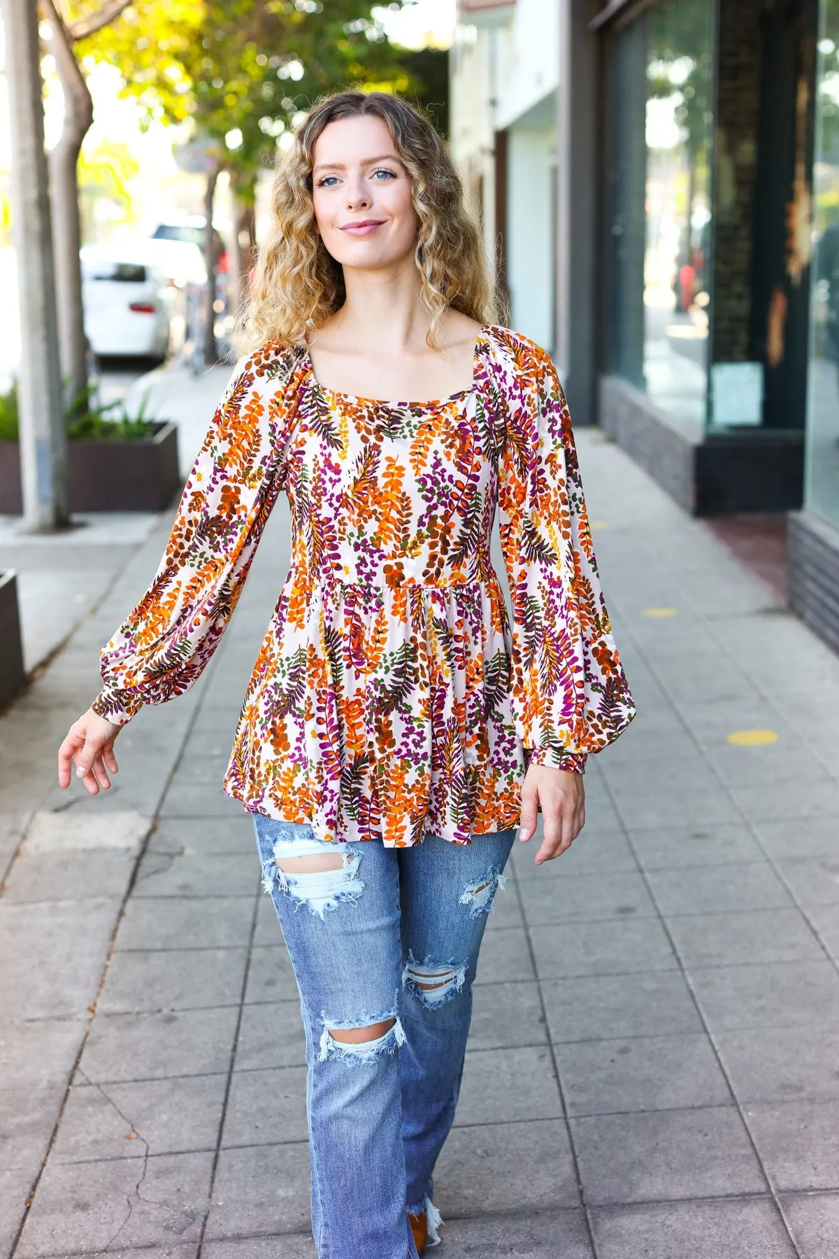 Fall in Love Taupe & Rust Floral Print Babydoll Bubble Sleeve Top (Open Pack)