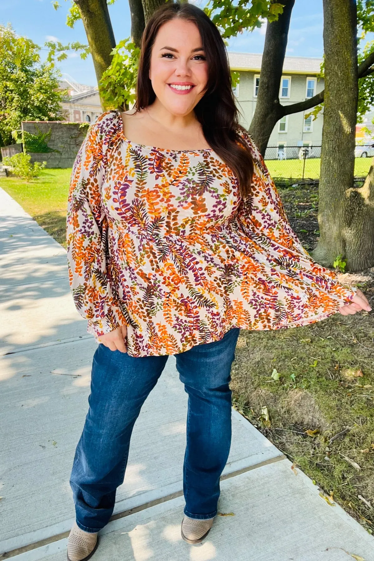 Fall in Love Taupe & Rust Floral Print Babydoll Bubble Sleeve Top (Open Pack)