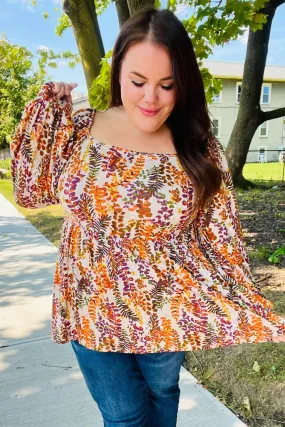 Fall in Love Taupe & Rust Floral Print Babydoll Bubble Sleeve Top (Open Pack)
