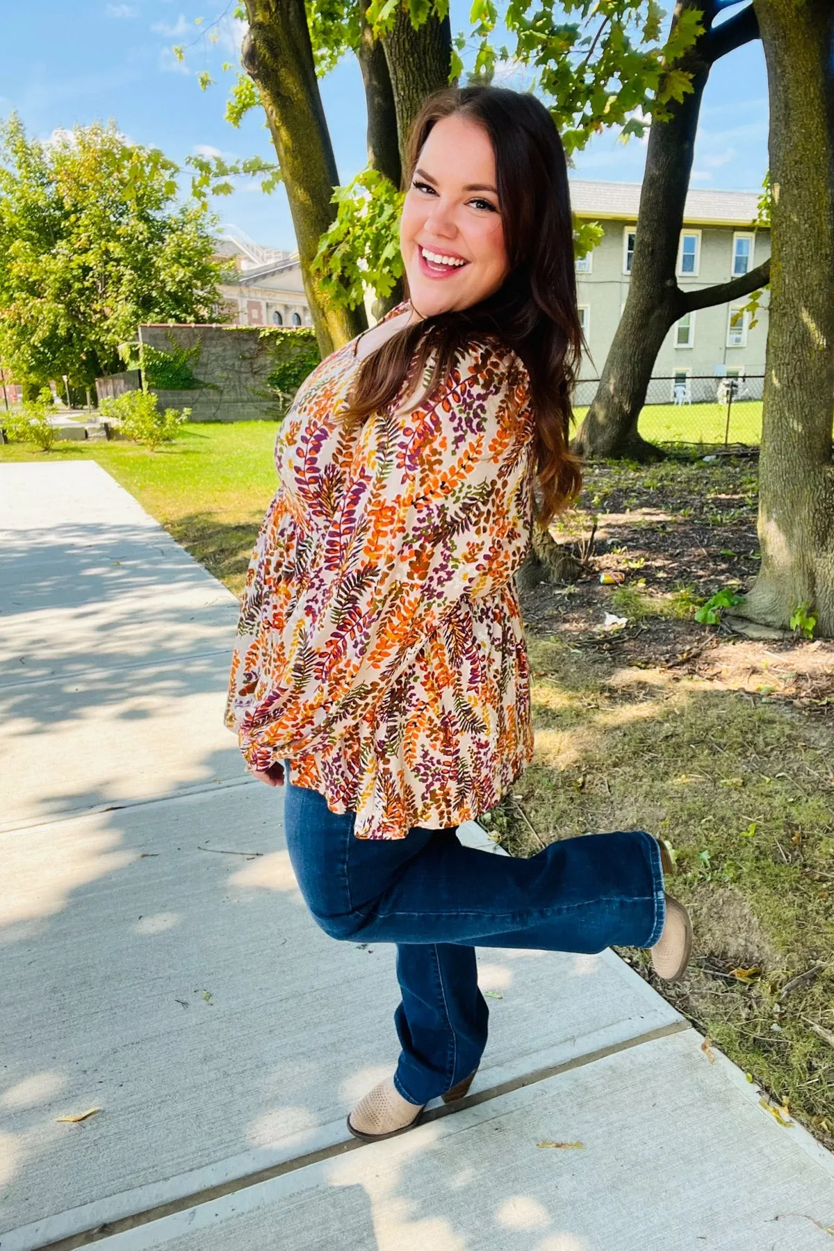 Fall in Love Taupe & Rust Floral Print Babydoll Bubble Sleeve Top (Open Pack)