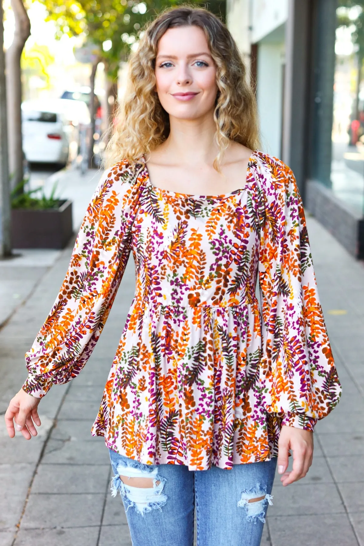 Fall in Love Taupe & Rust Floral Print Babydoll Bubble Sleeve Top (Open Pack)
