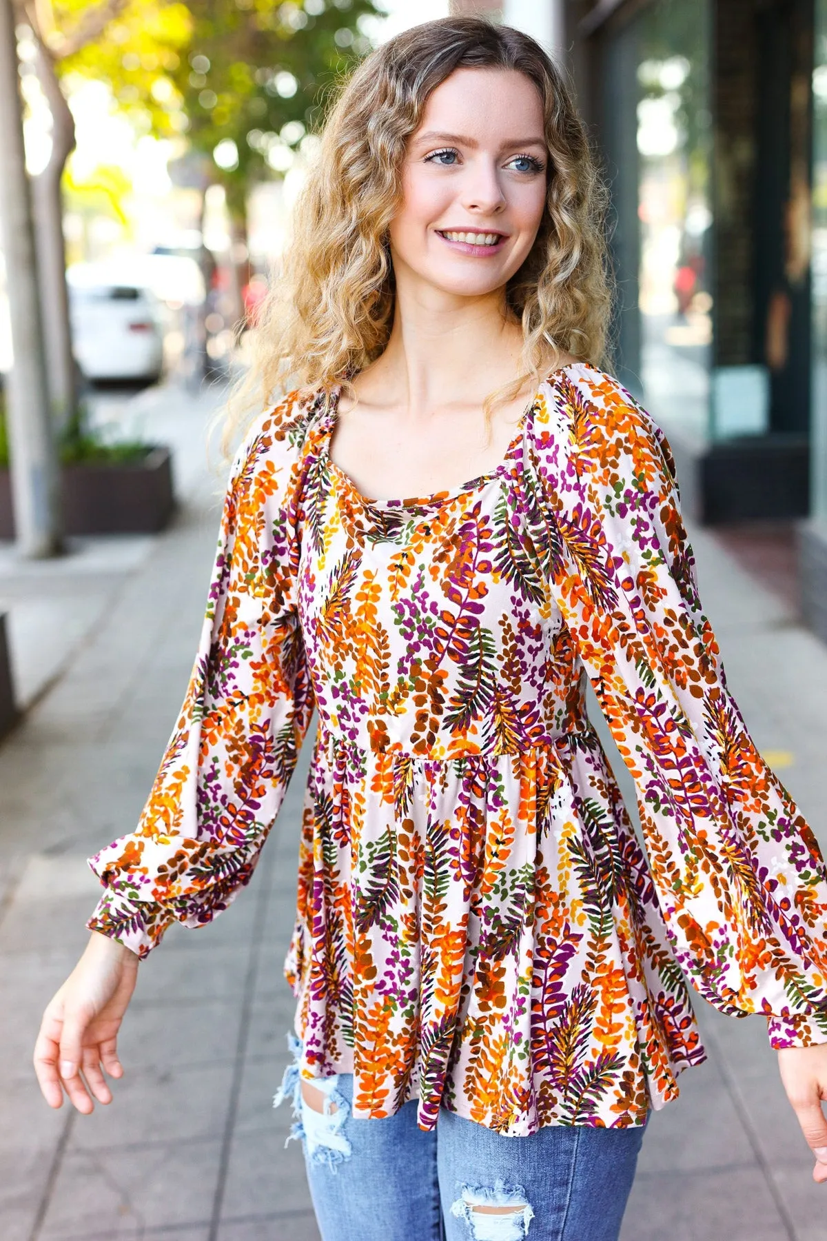 Fall in Love Taupe & Rust Floral Print Babydoll Bubble Sleeve Top (Open Pack)