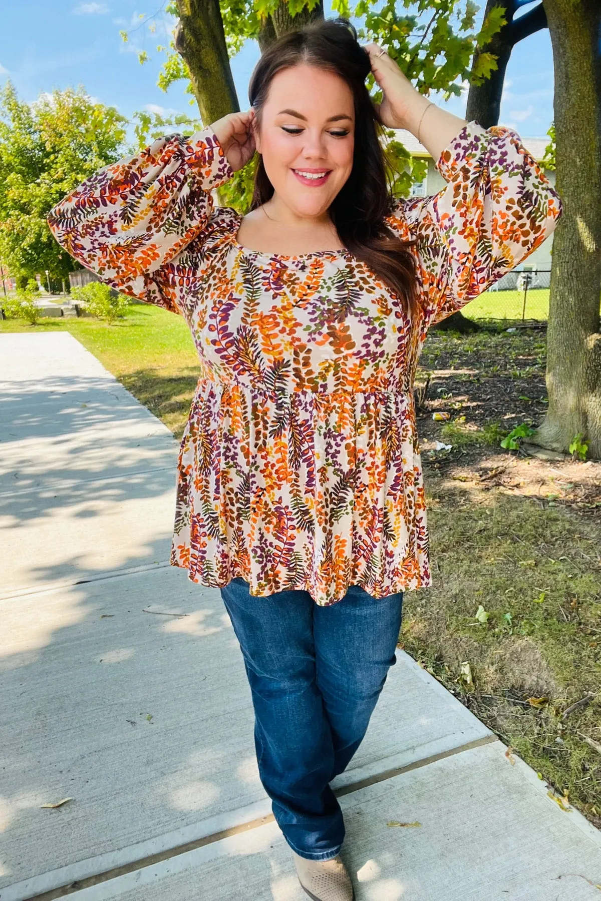 Fall in Love Taupe & Rust Floral Print Babydoll Bubble Sleeve Top (Open Pack)
