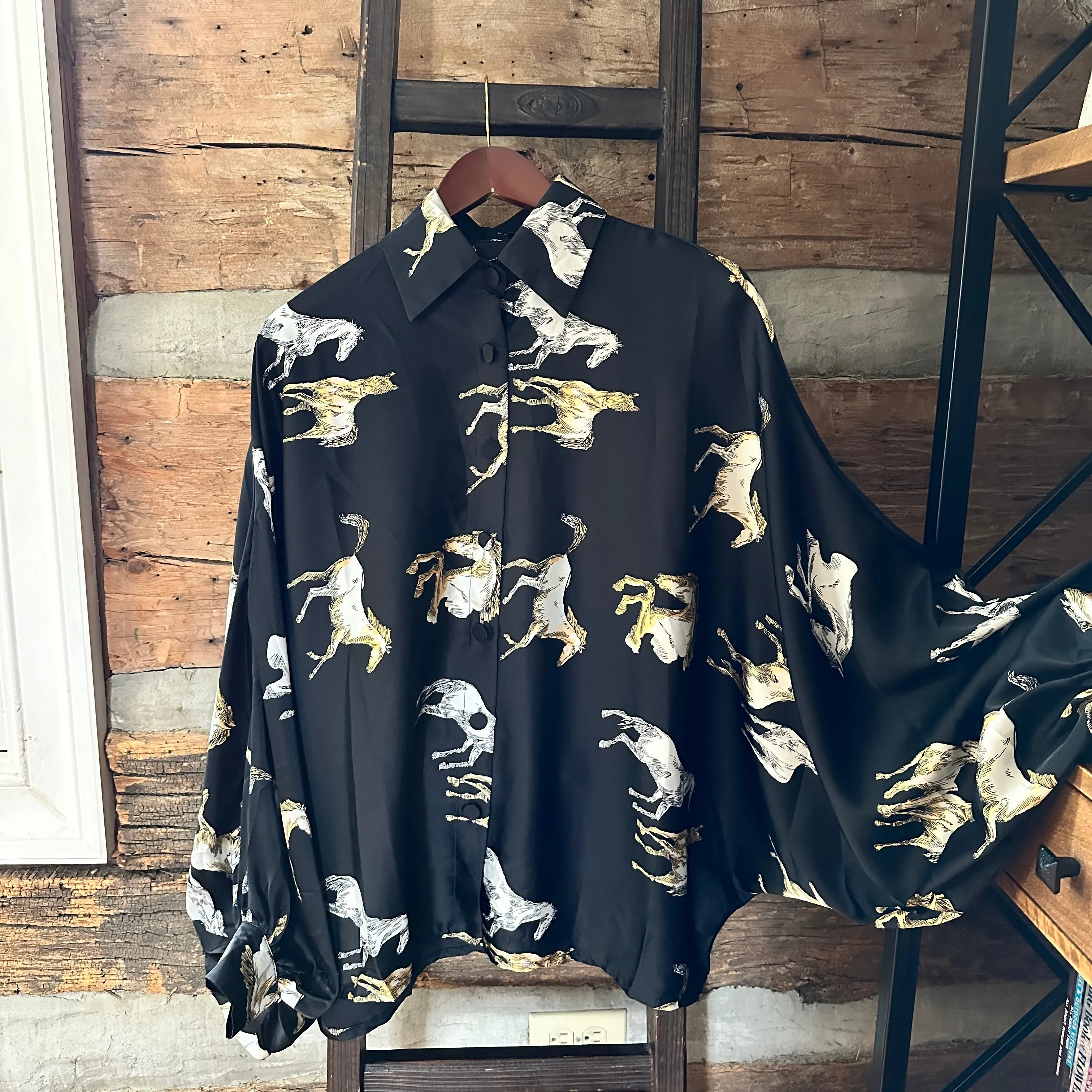Fancy Horses Print Button Satin Shirt in Black | Bourbon Cowgirl