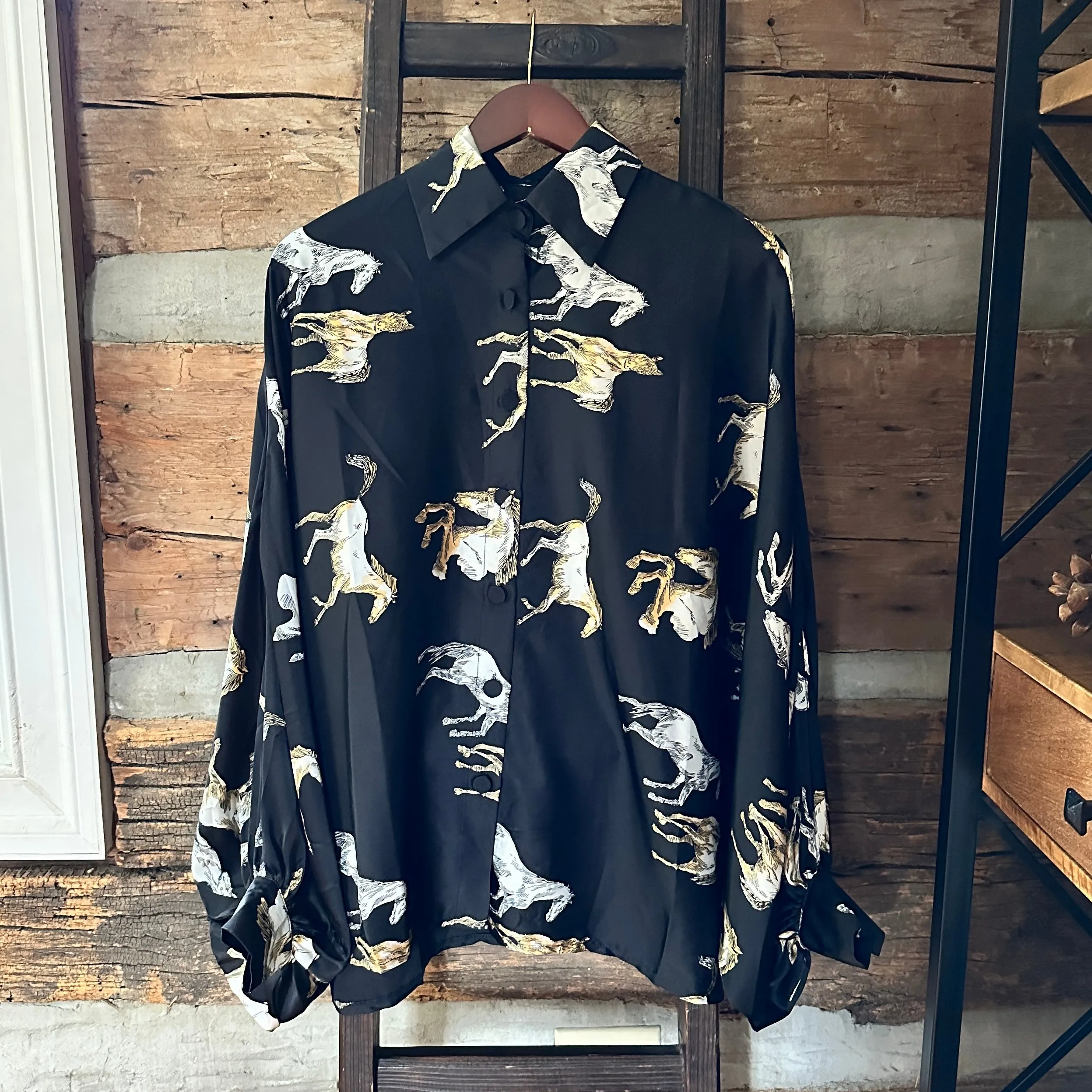Fancy Horses Print Button Satin Shirt in Black | Bourbon Cowgirl