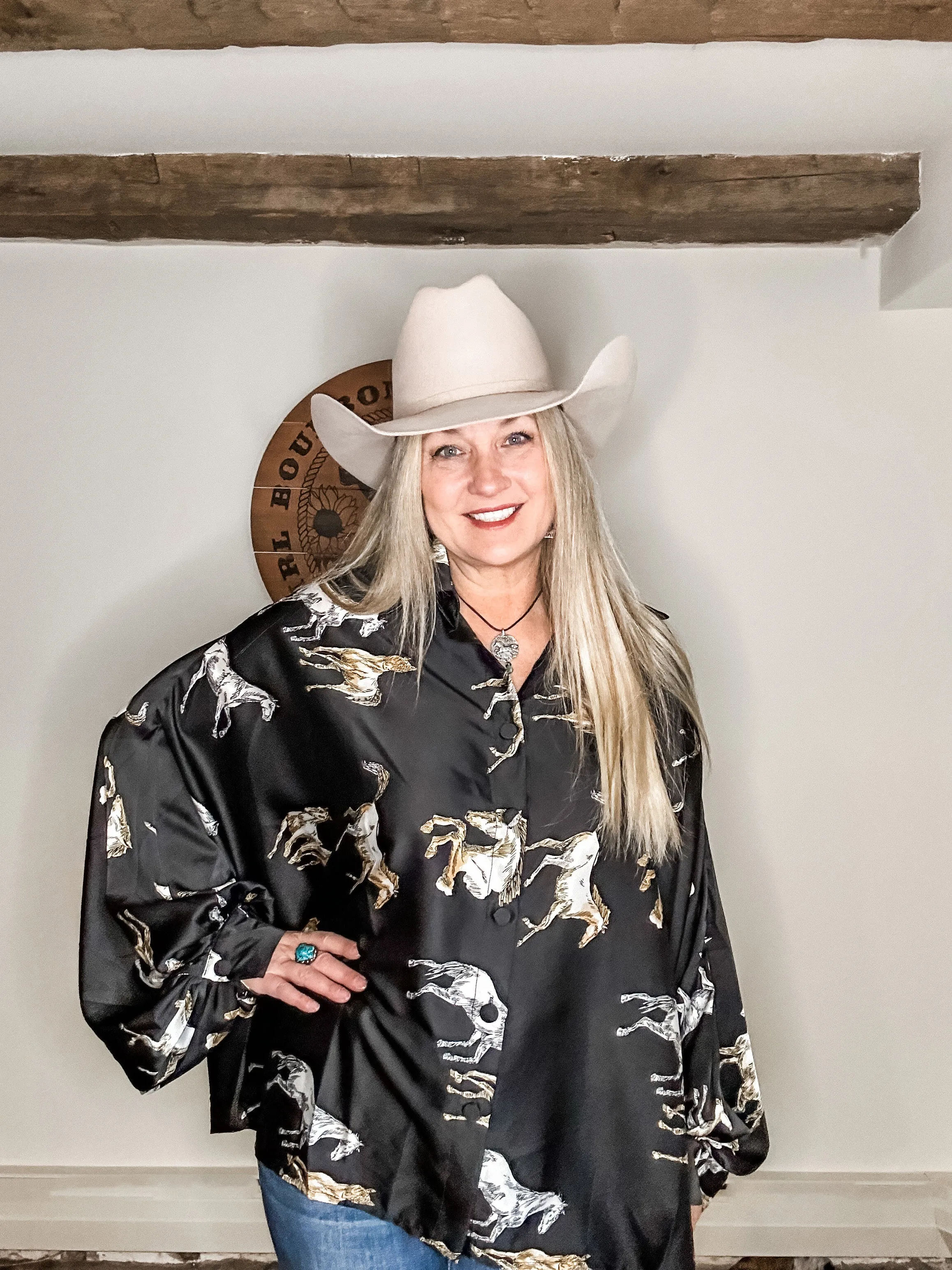 Fancy Horses Print Button Satin Shirt in Black | Bourbon Cowgirl