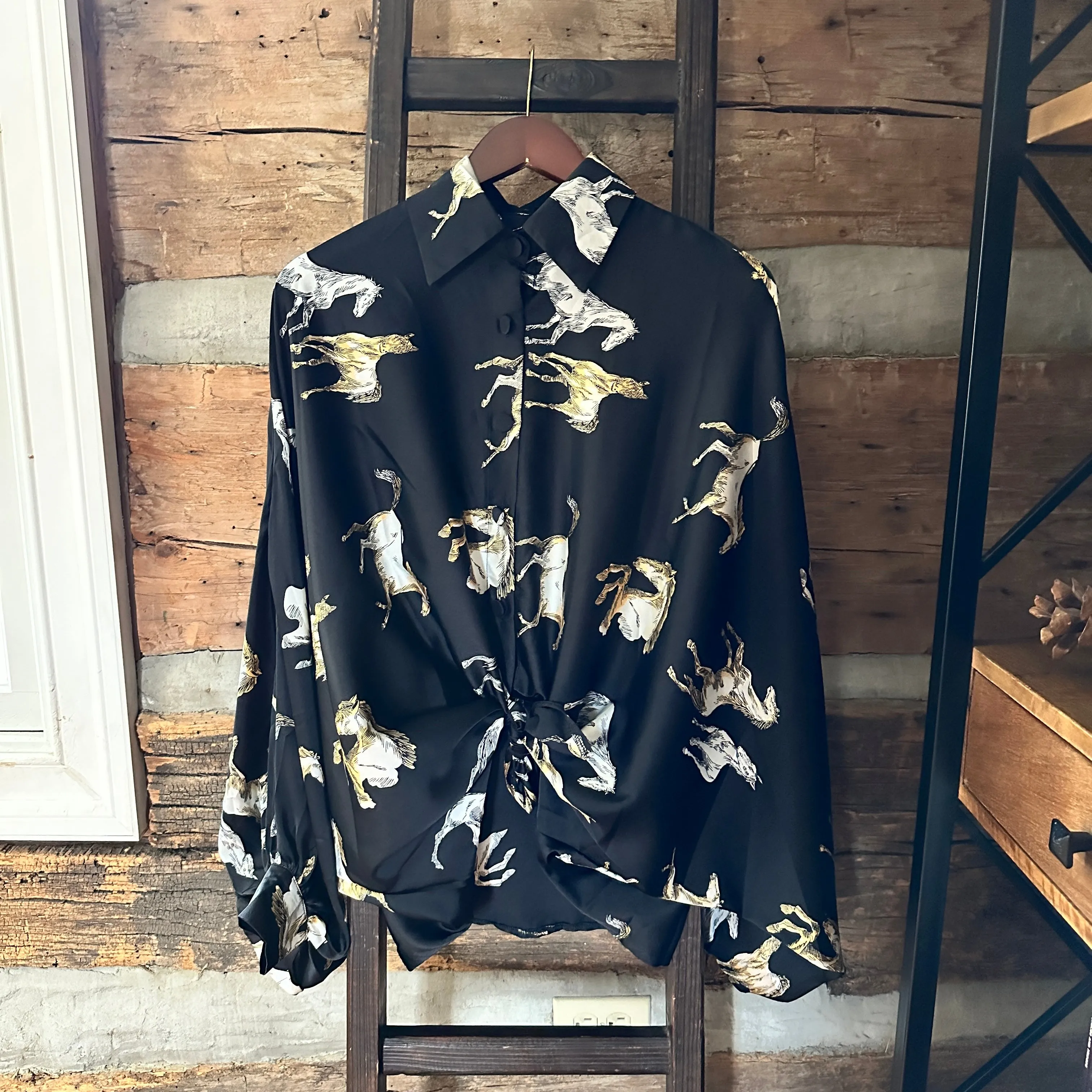 Fancy Horses Print Button Satin Shirt in Black | Bourbon Cowgirl