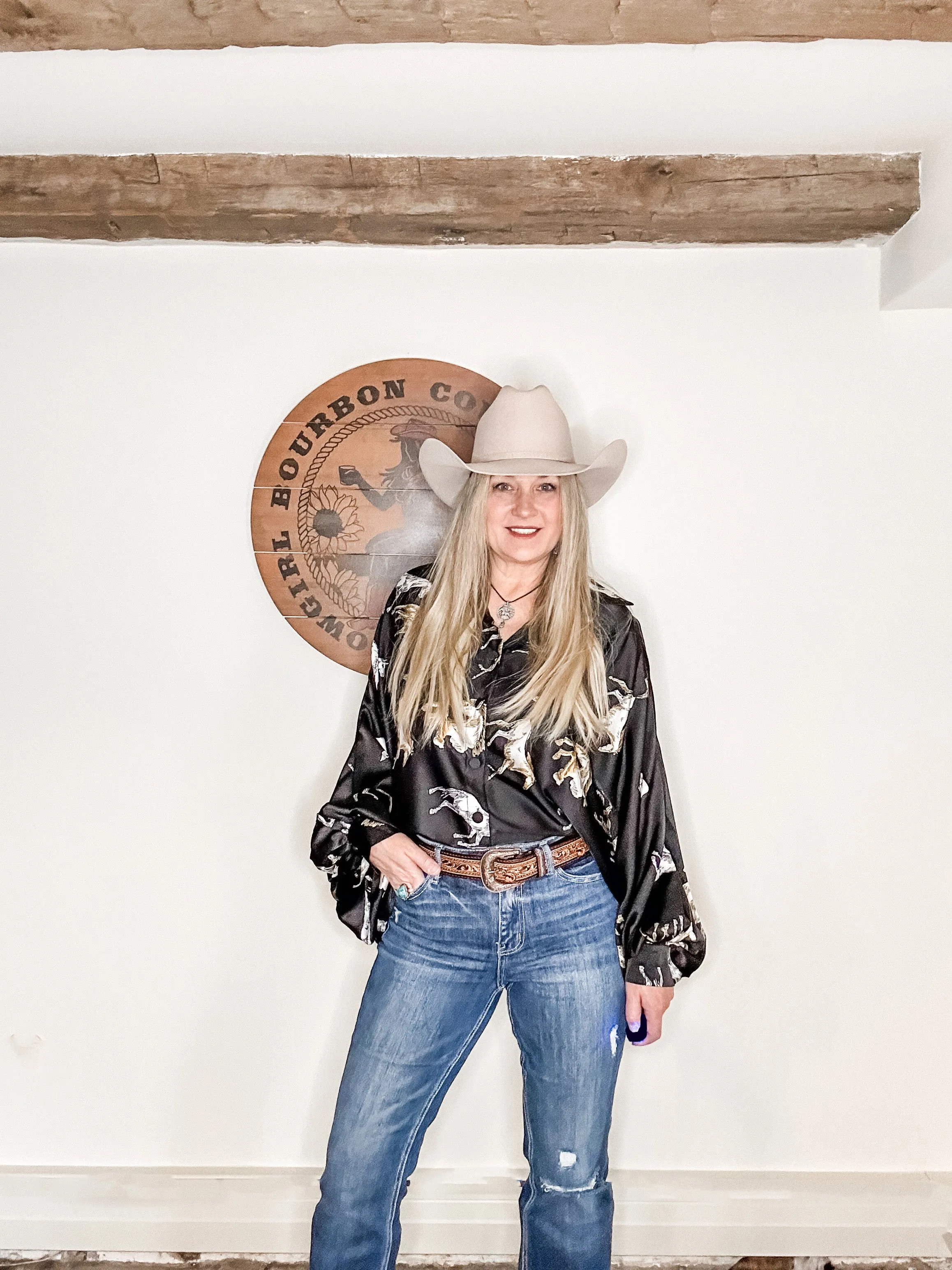 Fancy Horses Print Button Satin Shirt in Black | Bourbon Cowgirl