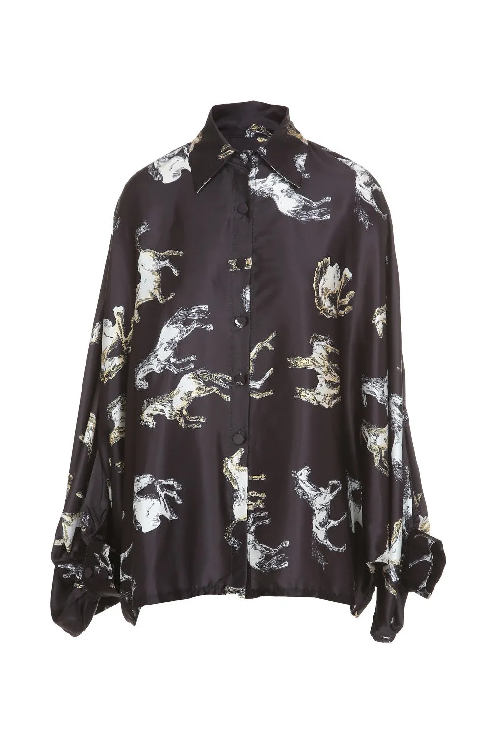 Fancy Horses Print Button Satin Shirt in Black | Bourbon Cowgirl