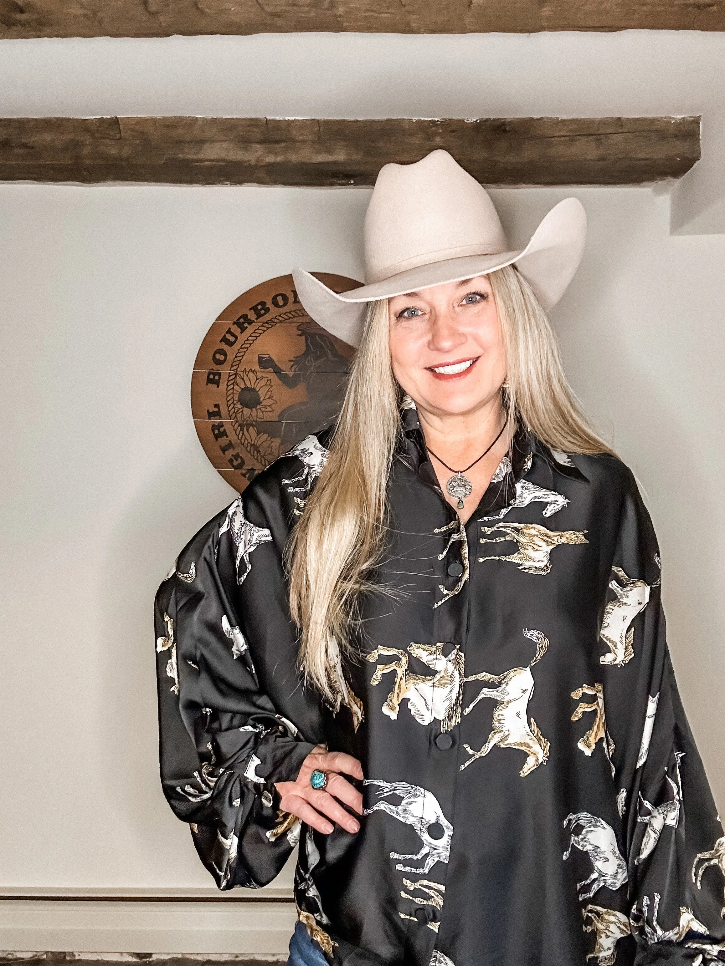 Fancy Horses Print Button Satin Shirt in Black | Bourbon Cowgirl
