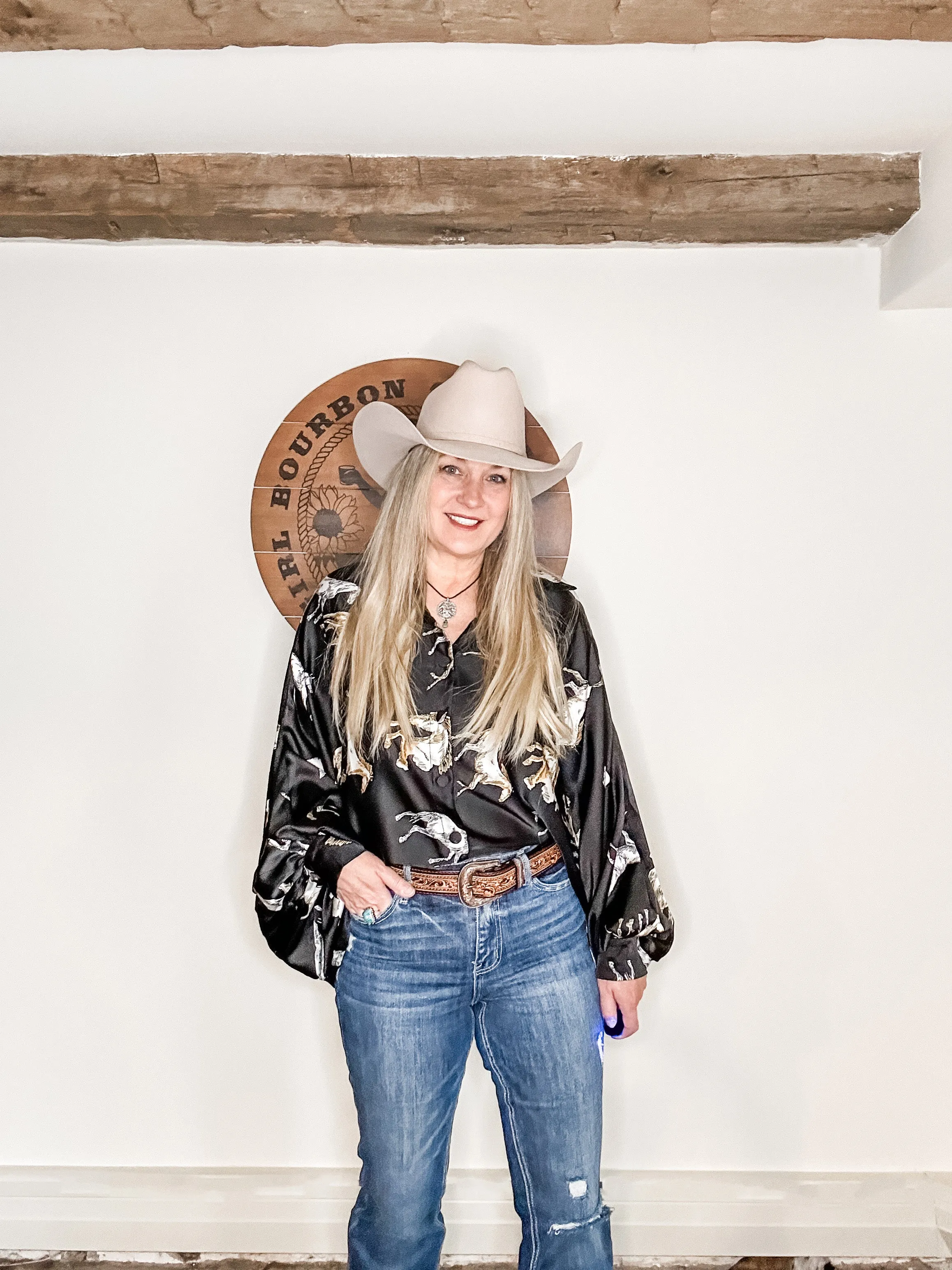 Fancy Horses Print Button Satin Shirt in Black | Bourbon Cowgirl