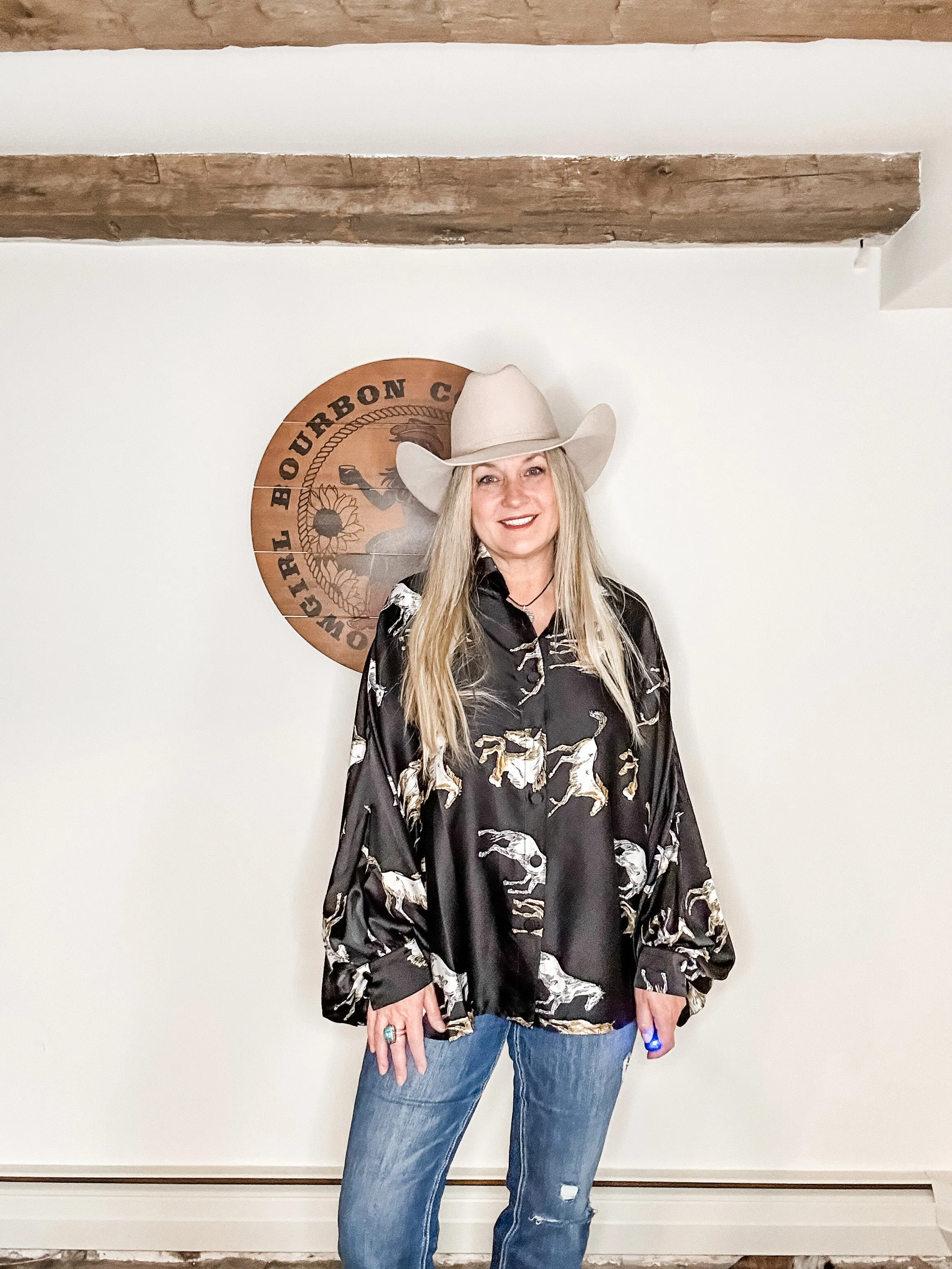 Fancy Horses Print Button Satin Shirt in Black | Bourbon Cowgirl