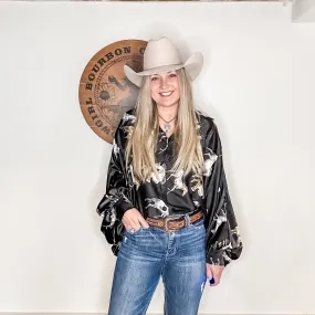 Fancy Horses Print Button Satin Shirt in Black | Bourbon Cowgirl