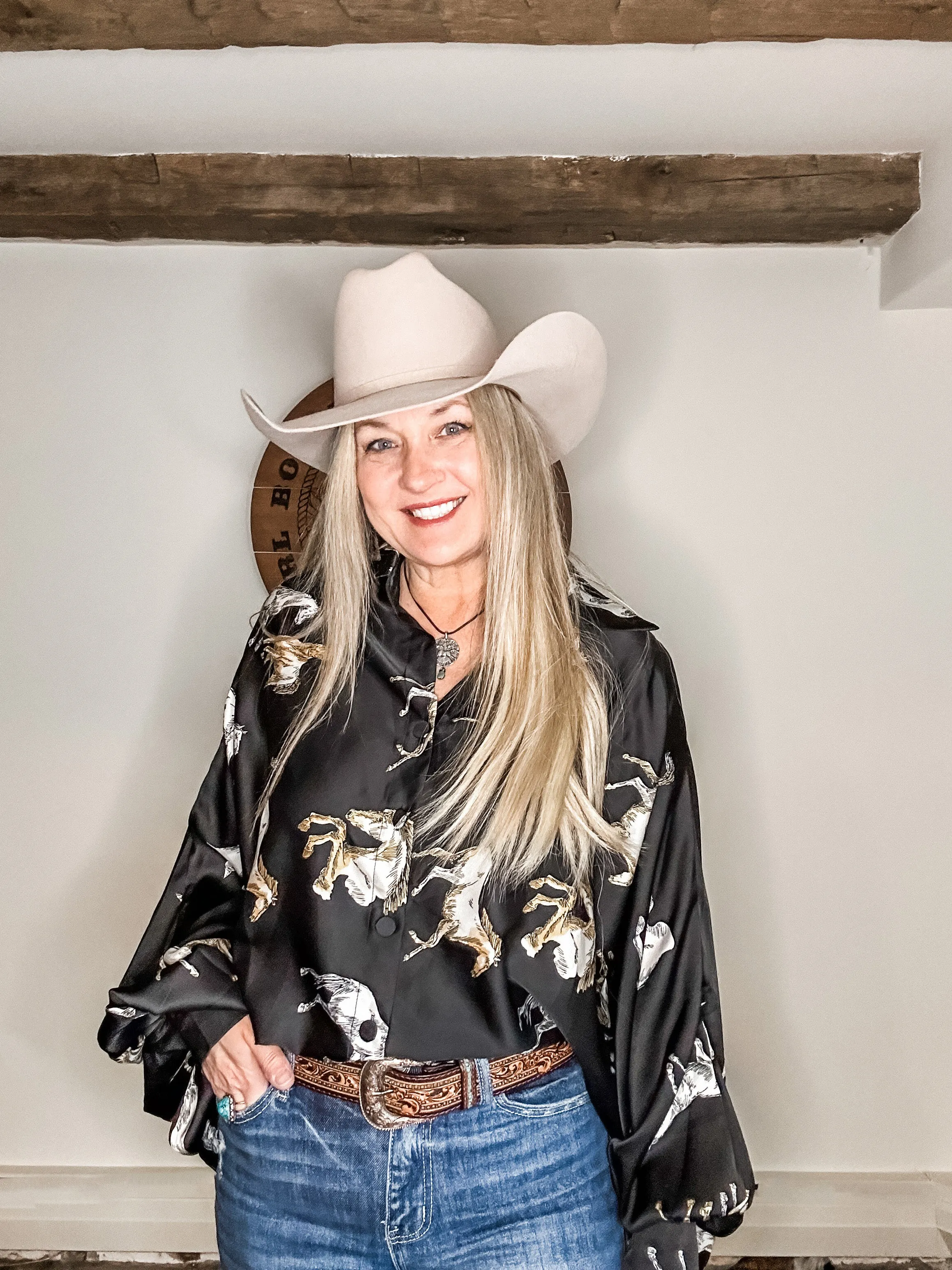 Fancy Horses Print Button Satin Shirt in Black | Bourbon Cowgirl