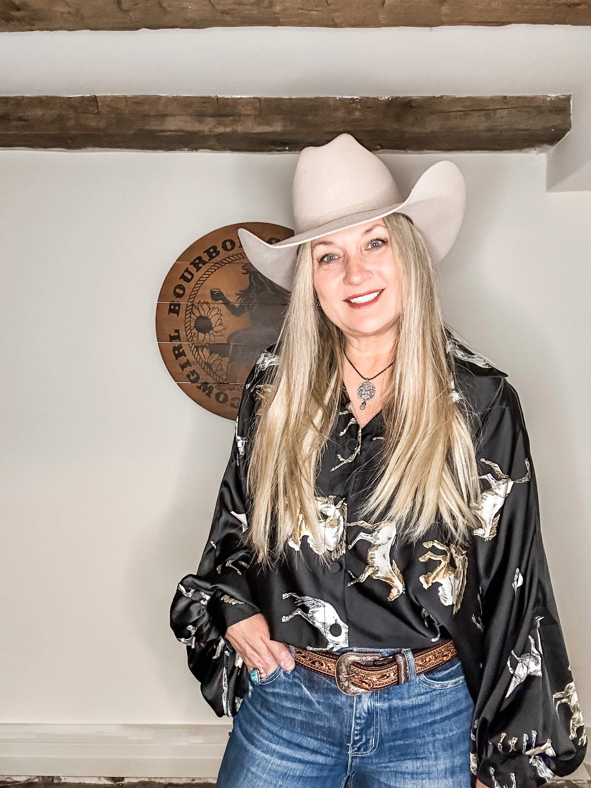 Fancy Horses Print Button Satin Shirt in Black | Bourbon Cowgirl