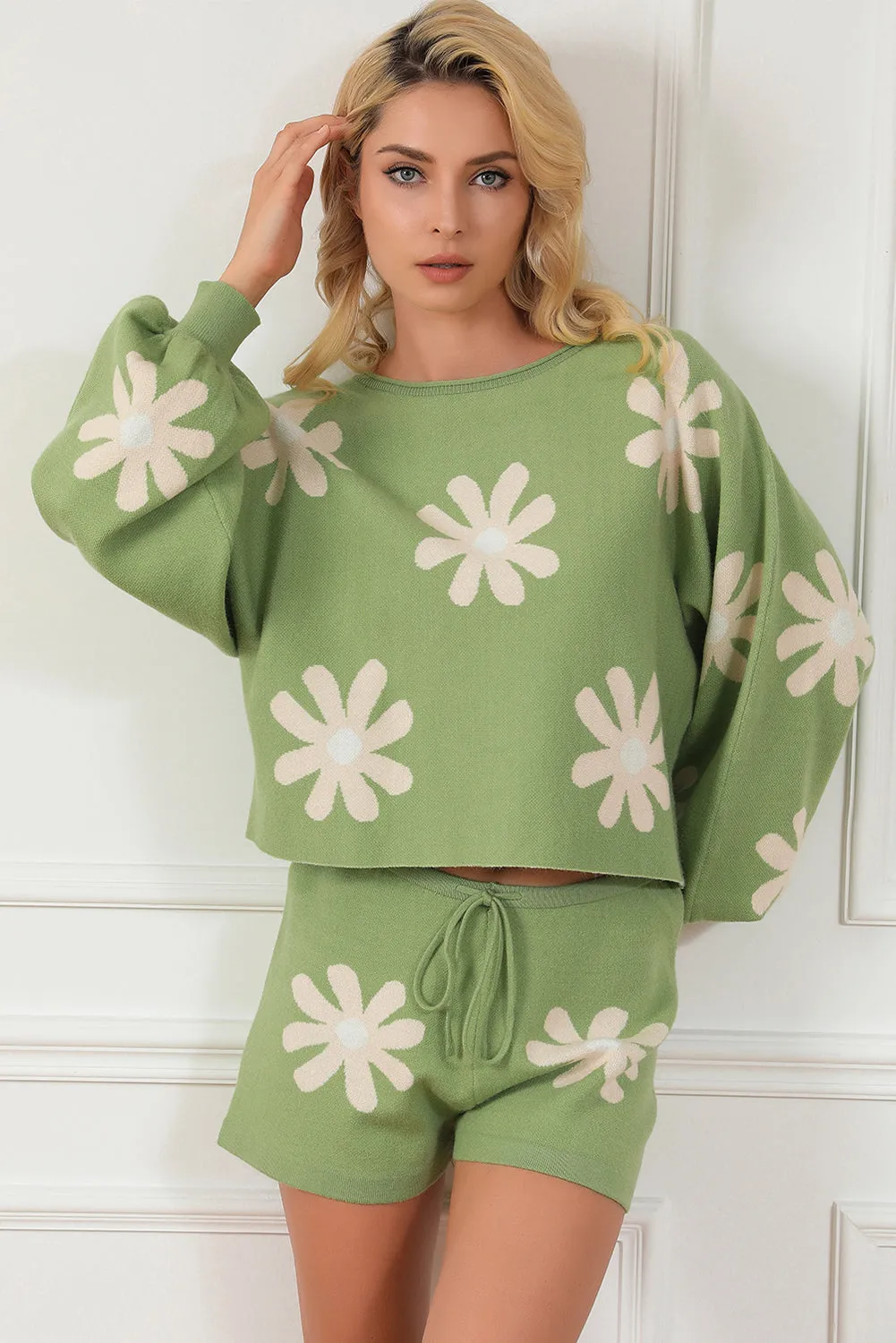 Flower Print Knitted Shorts, Sweater Set