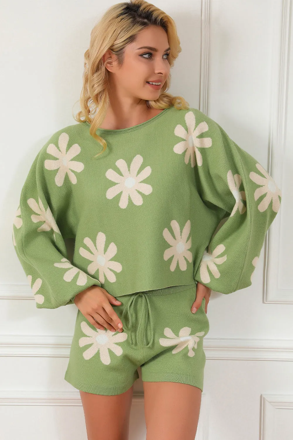 Flower Print Knitted Shorts, Sweater Set