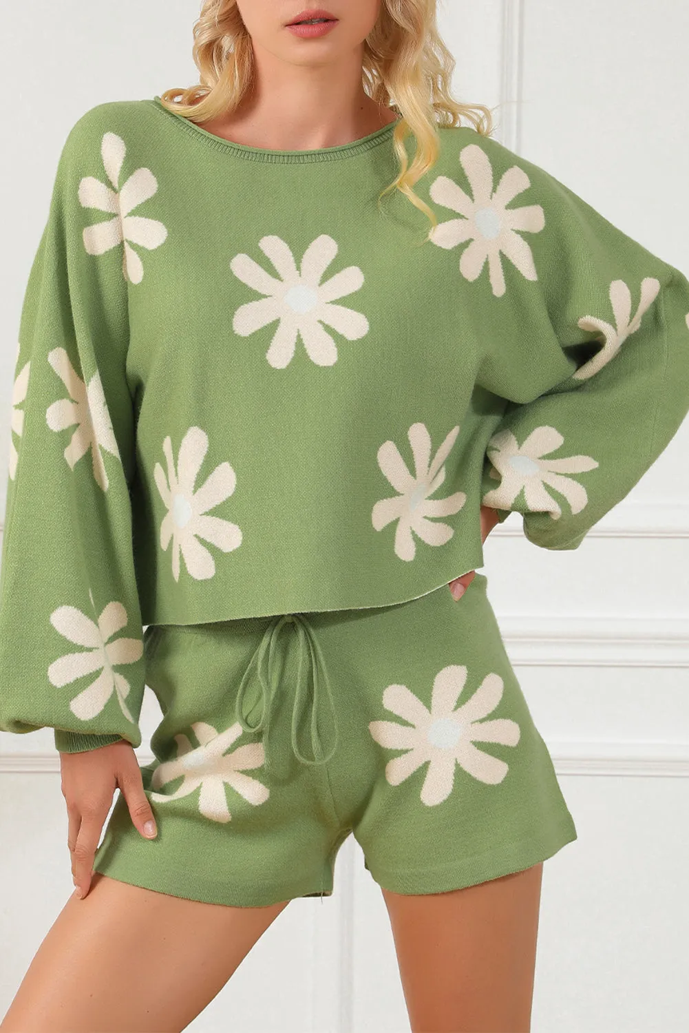 Flower Print Knitted Shorts, Sweater Set