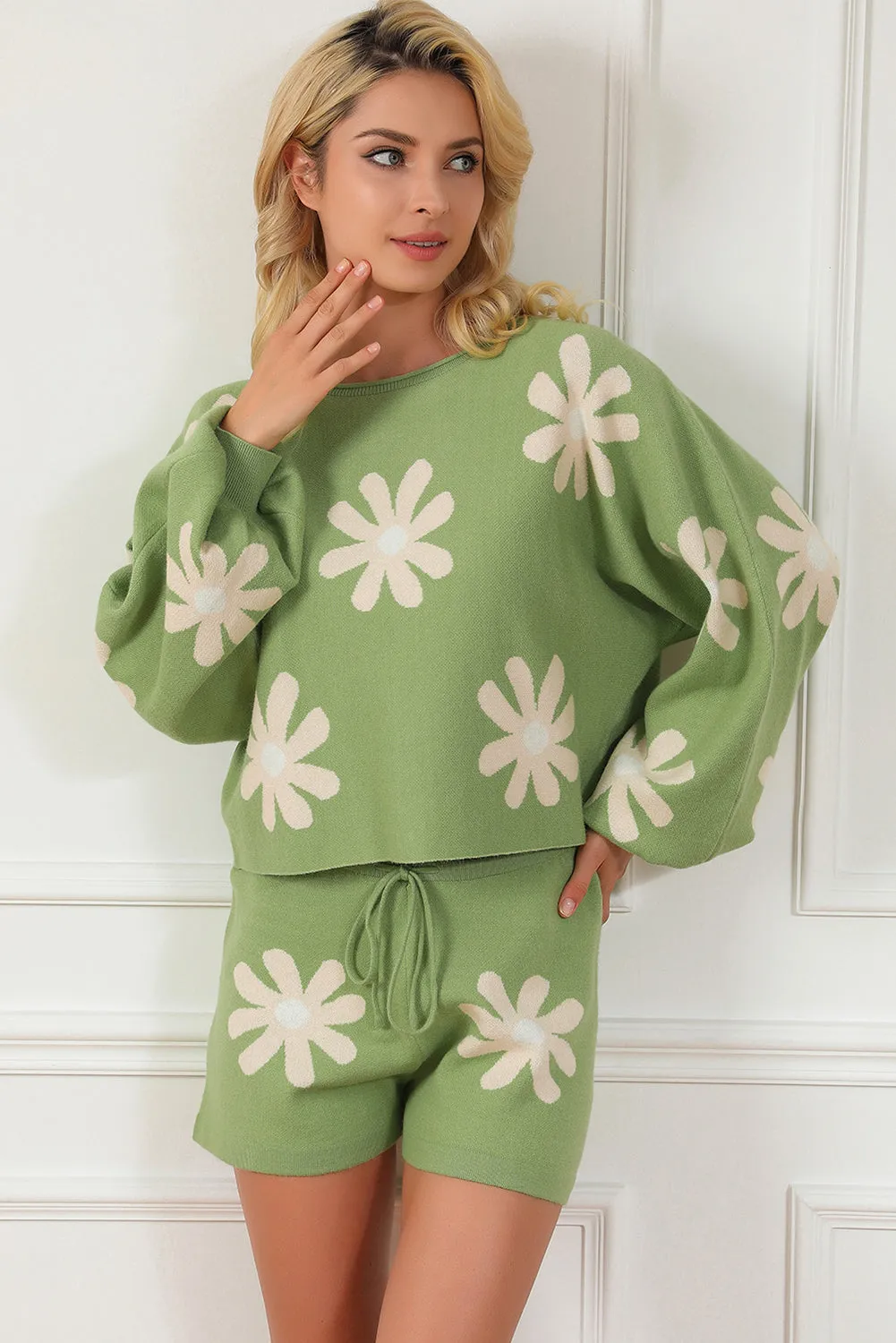 Flower Print Knitted Shorts, Sweater Set