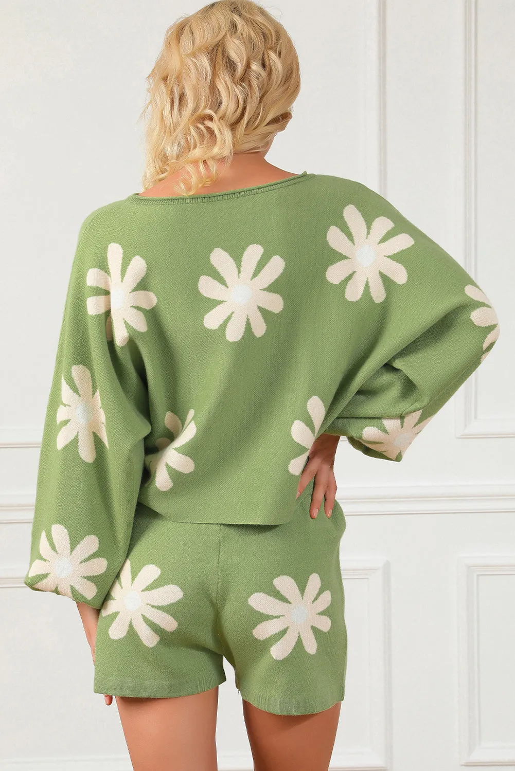 Flower Print Knitted Shorts, Sweater Set