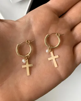 Freshwater Pearl Cross Thick Hoop Earrings