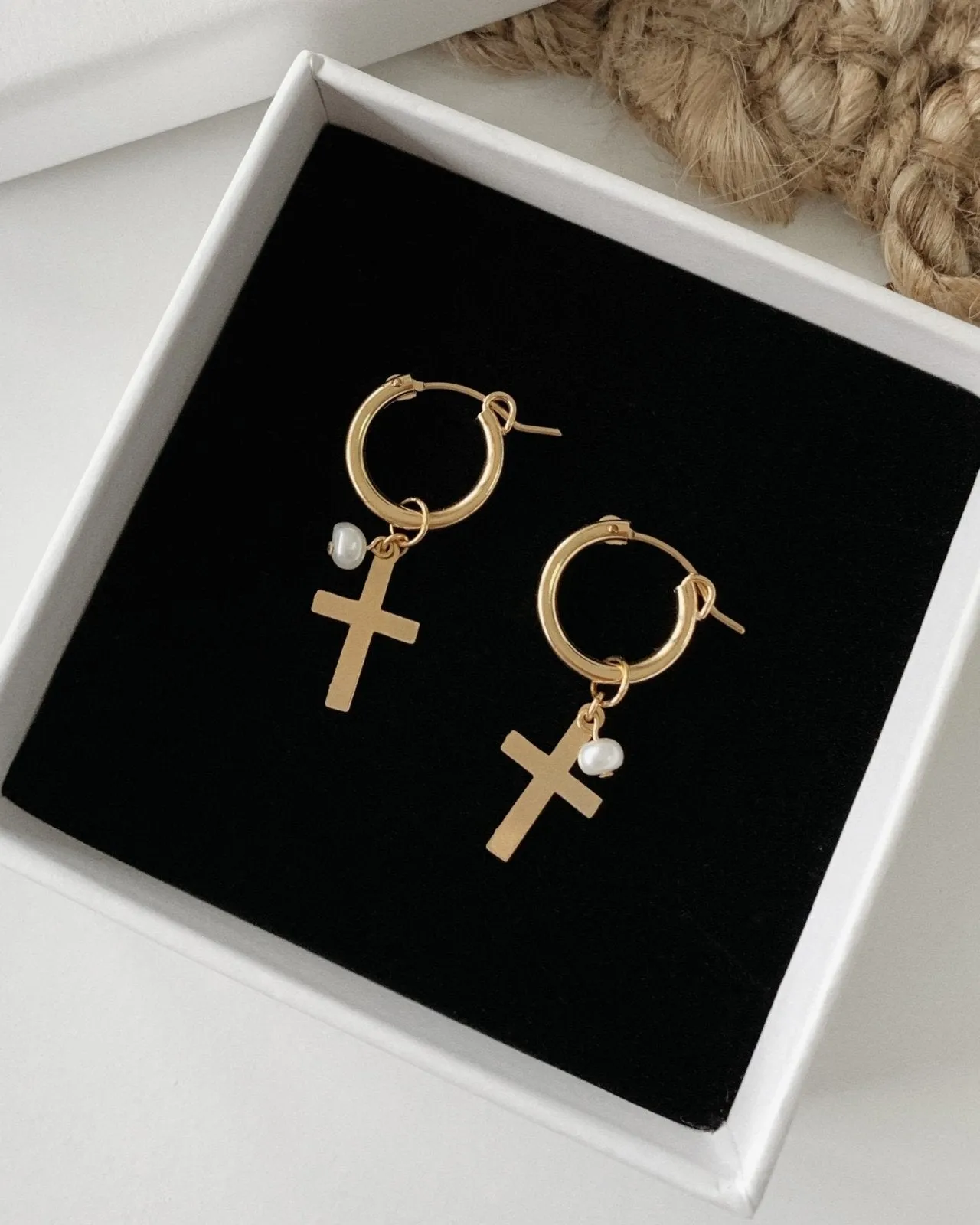 Freshwater Pearl Cross Thick Hoop Earrings