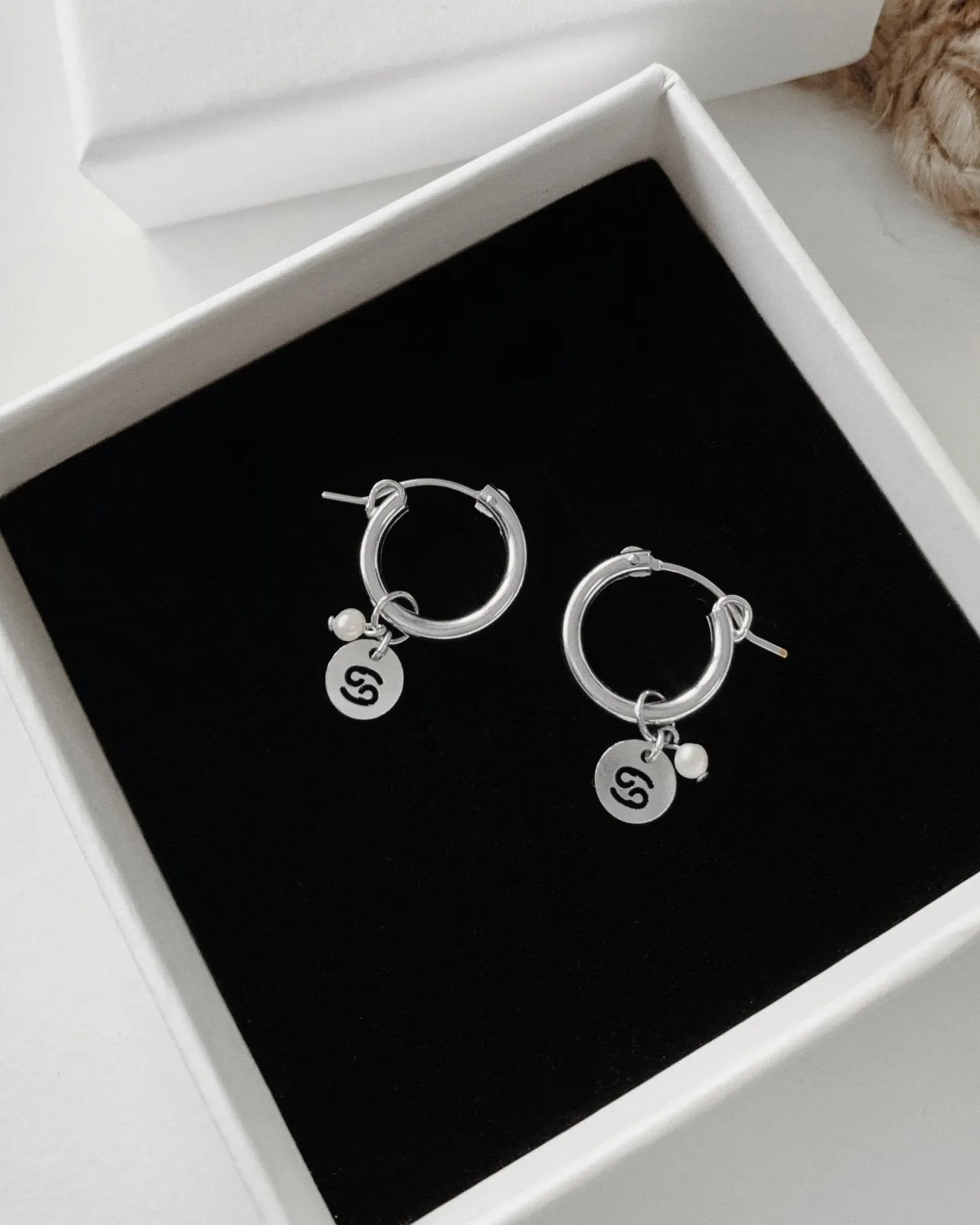 Freshwater Pearl Zodiac Thick Hoop Earrings  - Sterling Silver