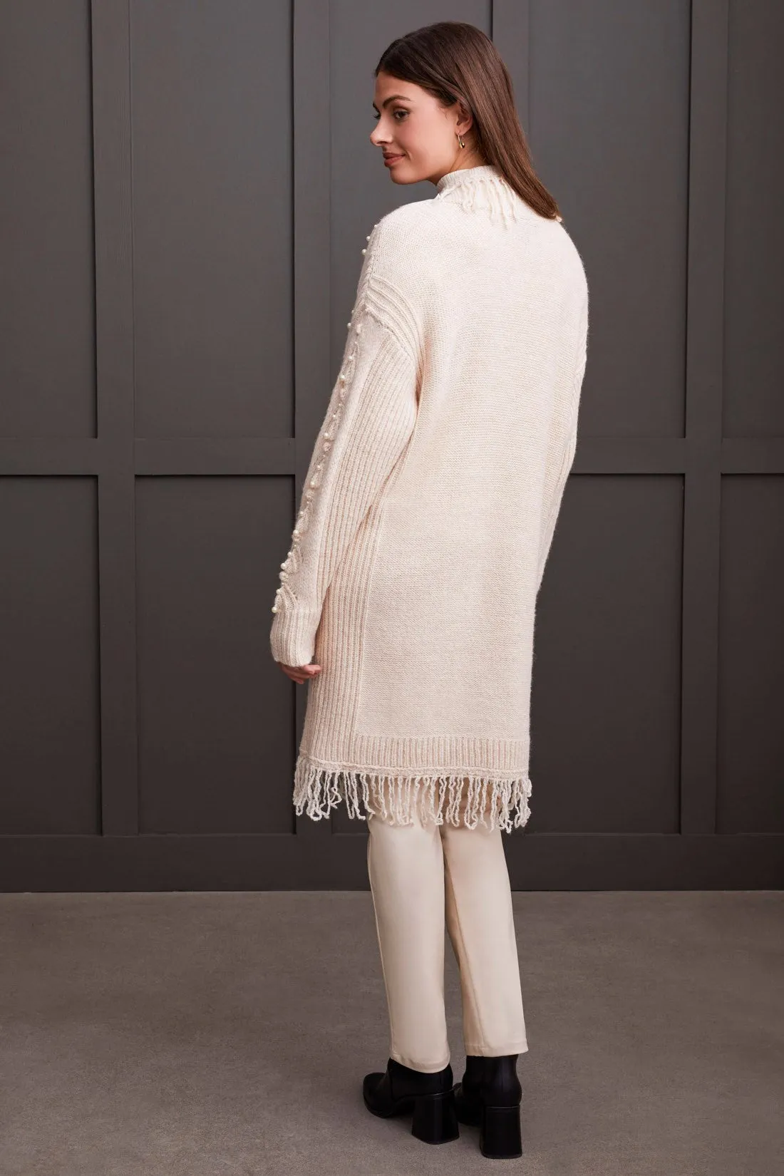 FRINGED SWEATER CARDIGAN WITH PEARL DETAILS-Moonstone
